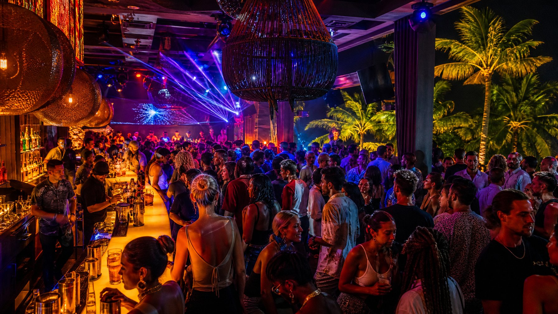 Suasana ramai di dalam klub malam di Bali dengan pengunjung lokal dan mancanegara menikmati hiburan malam.