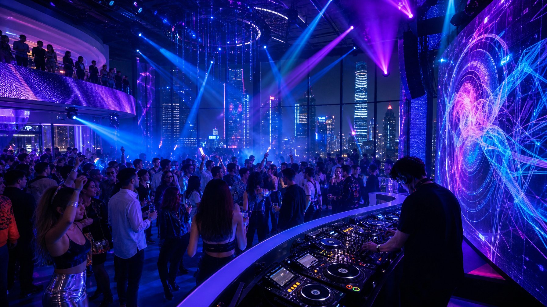 Orang-orang muda sedang berdansa energetik di klub malam EDM yang ramai dengan lampu warna-warni dan DJ yang sedang tampil di pusat kota.