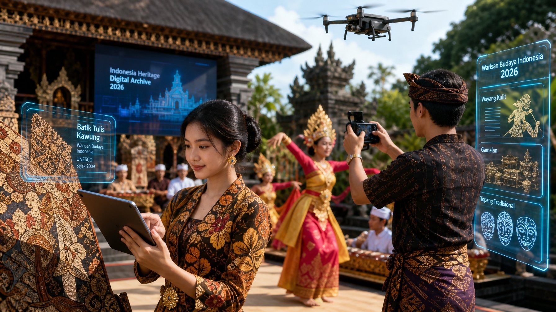 Sekelompok orang muda Indonesia mengenakan pakaian tradisional sedang menggunakan perangkat digital untuk melestarikan budaya daerah.
