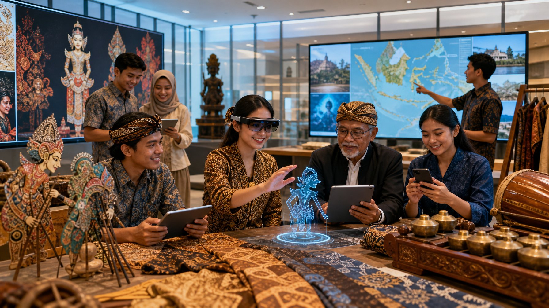 Sekelompok orang Indonesia beragam usia menggunakan perangkat digital di pusat budaya modern dengan elemen budaya tradisional seperti batik dan wayang di sekitar mereka.
