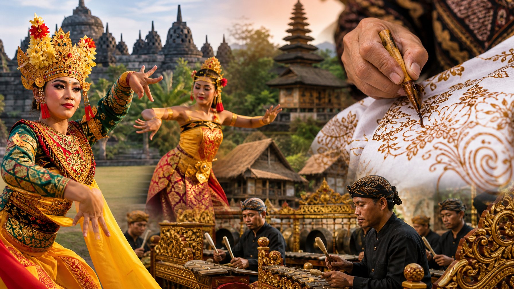 Tarian tradisional Indonesia dengan kostum warna-warni, pengrajin batik sedang membuat pola, dan musisi gamelan bermain bersama di latar belakang rumah tradisional dan candi.