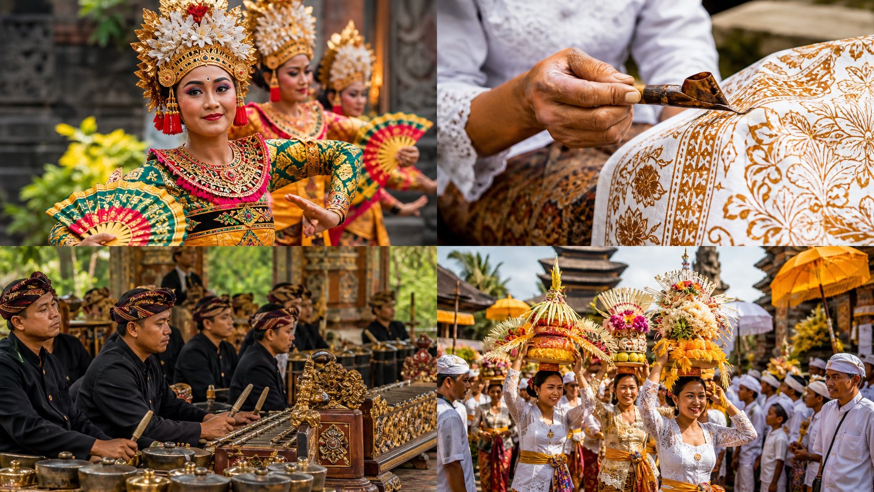 Sekelompok penari tradisional Indonesia mengenakan kostum warna-warni sedang menari, tangan yang sedang membatik kain, musisi memainkan alat musik gamelan, dan suasana upacara budaya dengan dekorasi meriah di latar belakang.