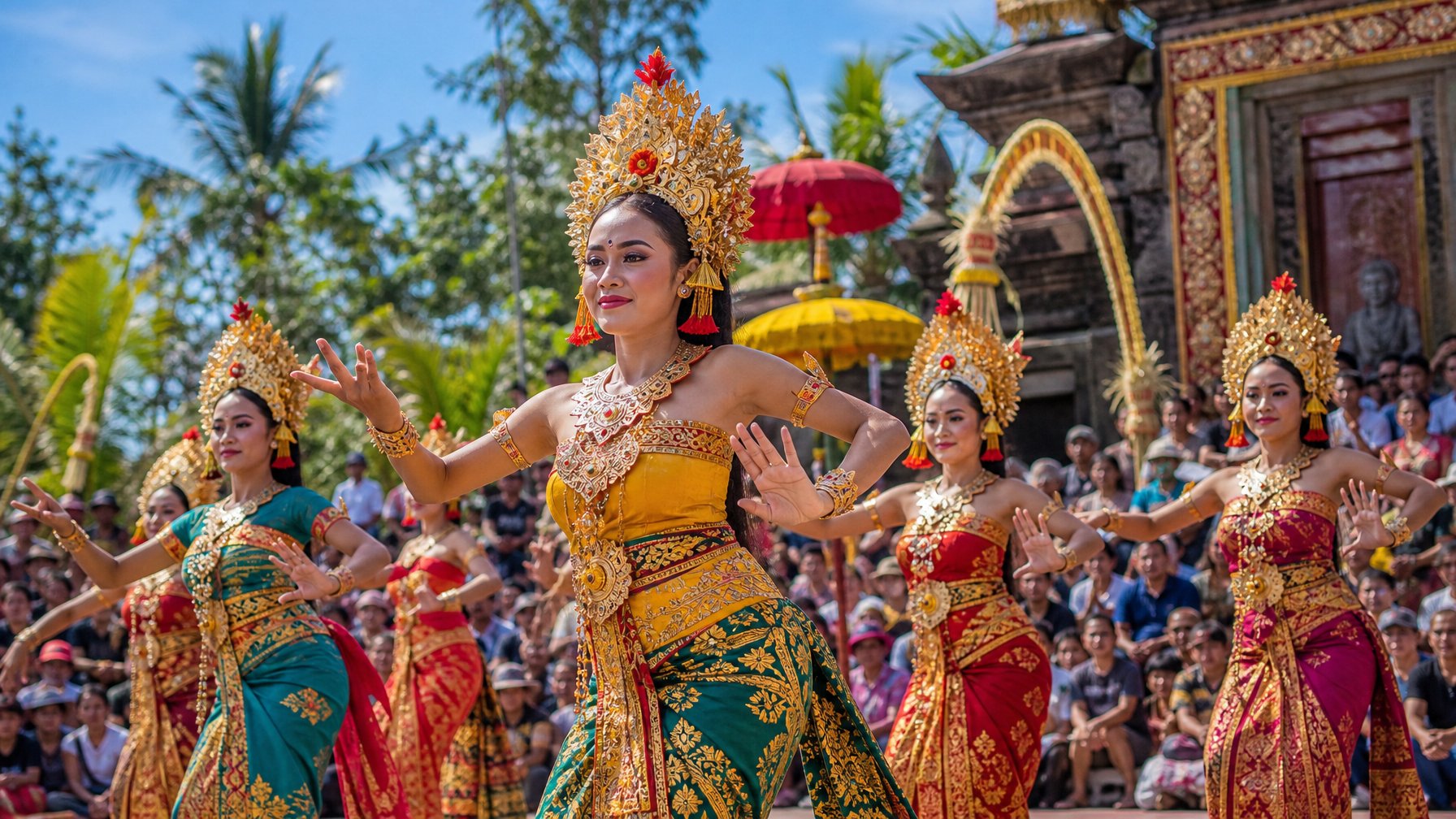 Sekelompok penari mengenakan pakaian tradisional Indonesia tampil di atas panggung terbuka dengan latar belakang penonton dan pepohonan hijau selama festival budaya.