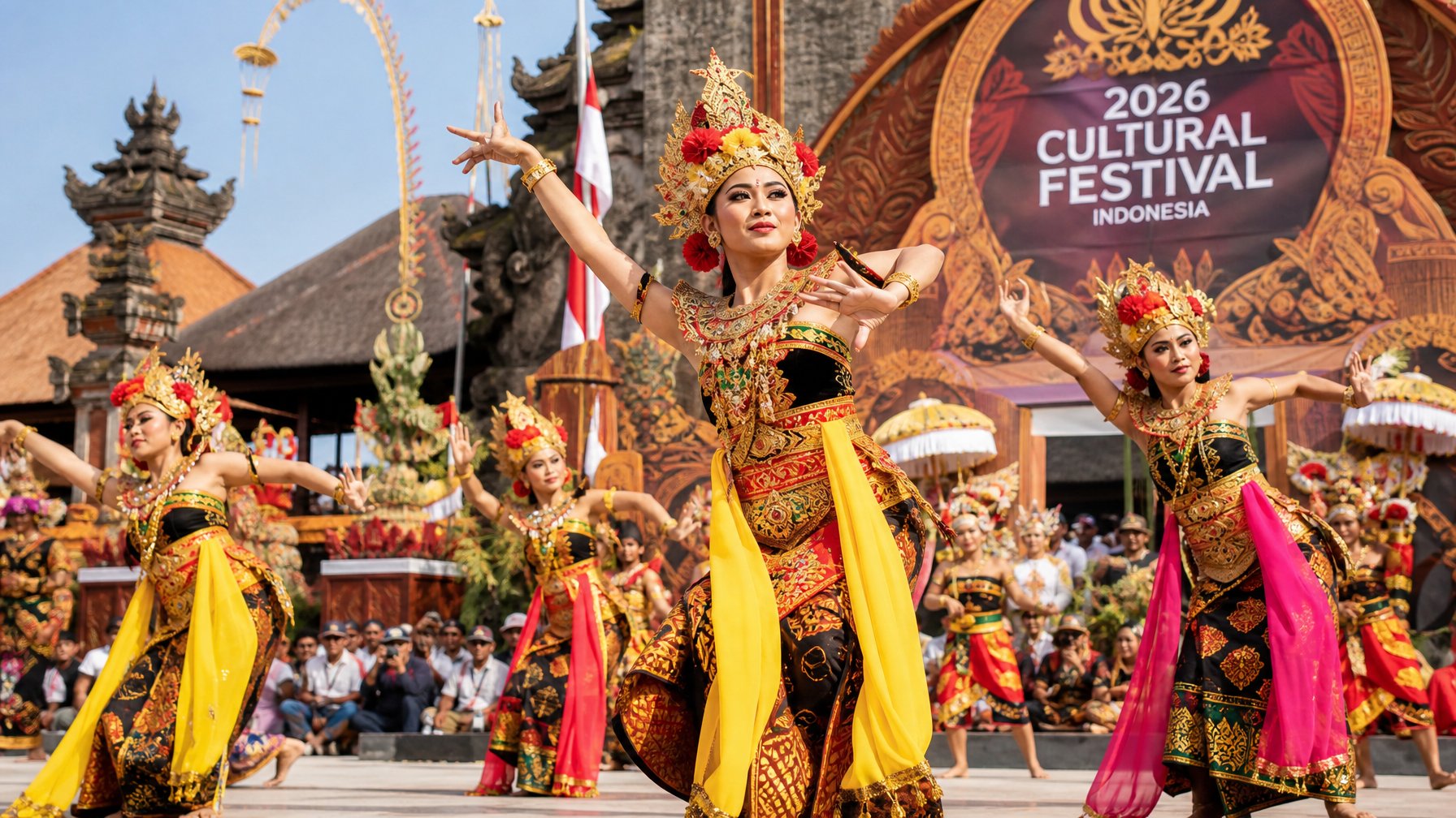 Sekelompok penari mengenakan kostum tradisional Indonesia sedang menari di atas panggung luar ruangan dengan latar arsitektur budaya dan penonton di belakangnya.