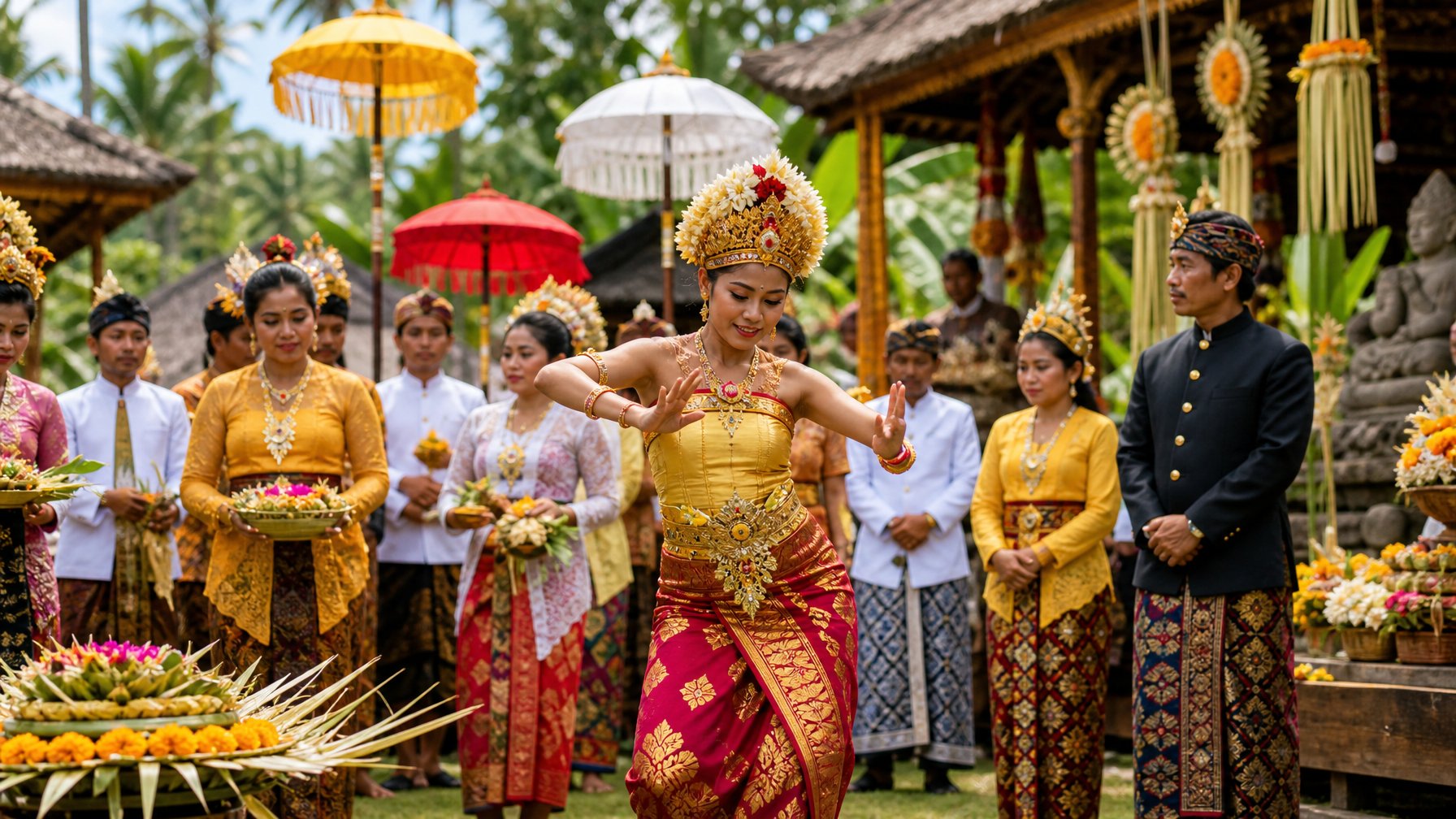 Sekelompok orang Indonesia mengenakan pakaian adat dari berbagai daerah sedang melakukan upacara tradisional di luar ruangan dengan latar pepohonan dan rumah adat.