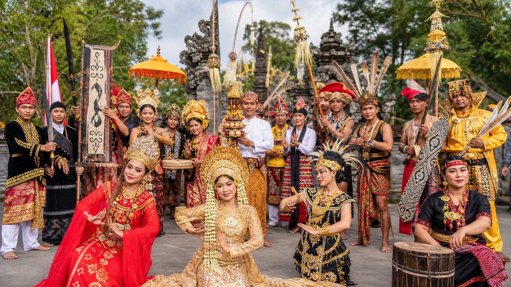 Sekelompok orang Indonesia mengenakan pakaian adat dari berbagai daerah sedang melakukan upacara tradisional di luar ruangan dengan dekorasi dan latar belakang alam tropis.