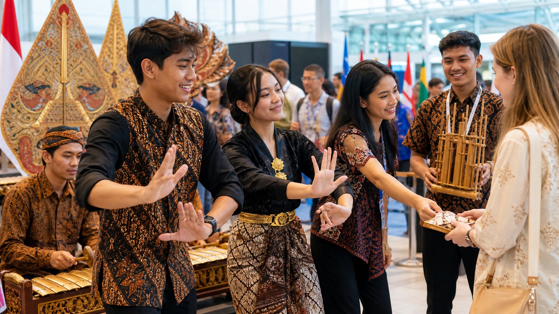 Sekelompok anak muda Indonesia dari Generasi Z mempromosikan budaya lokal dengan pakaian tradisional dan modern di sebuah acara internasional.