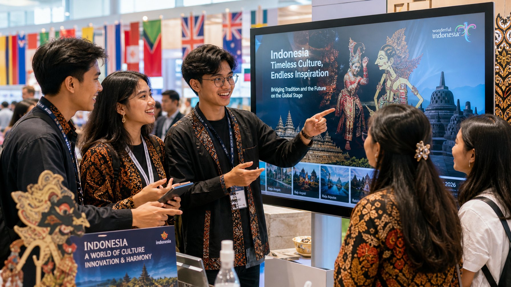 Sekelompok pemuda Generasi Z Indonesia sedang berinteraksi dengan layar digital yang menampilkan budaya lokal Indonesia di sebuah acara internasional.