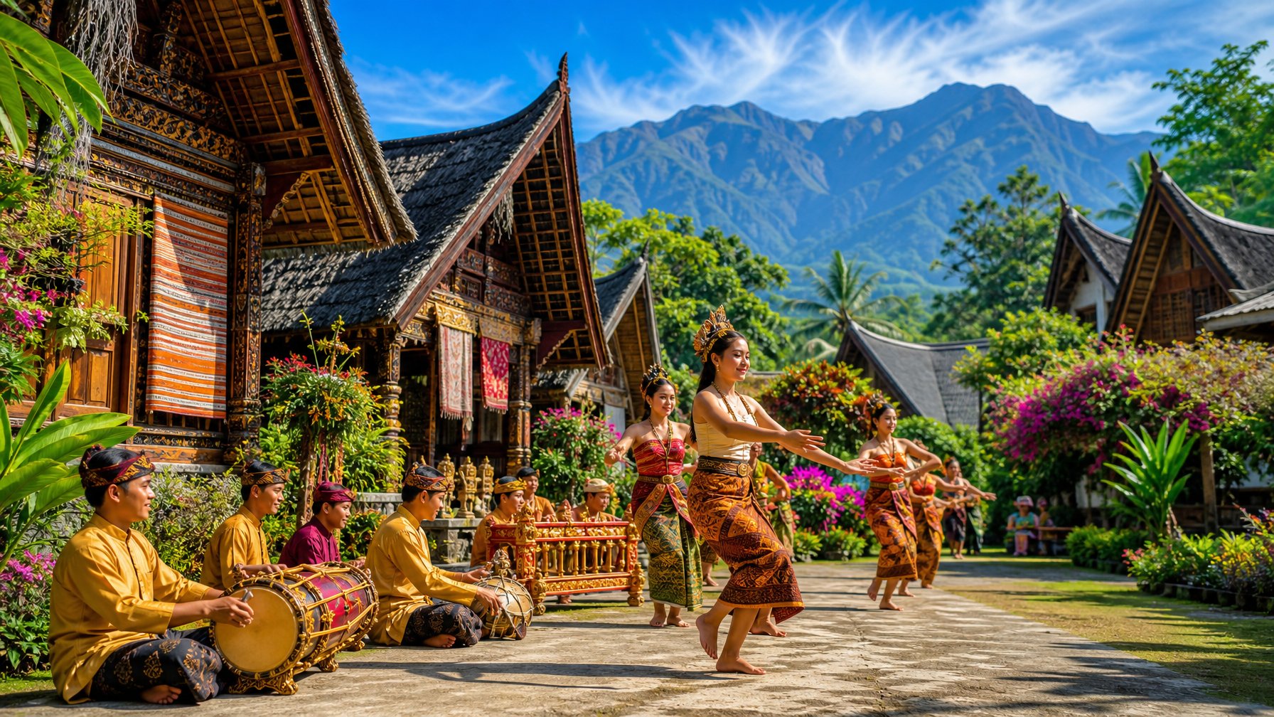 Pemandangan desa tradisional Indonesia dengan rumah adat, penduduk mengenakan pakaian tradisional sedang melakukan aktivitas budaya di tengah alam yang hijau dan pegunungan di latar belakang.