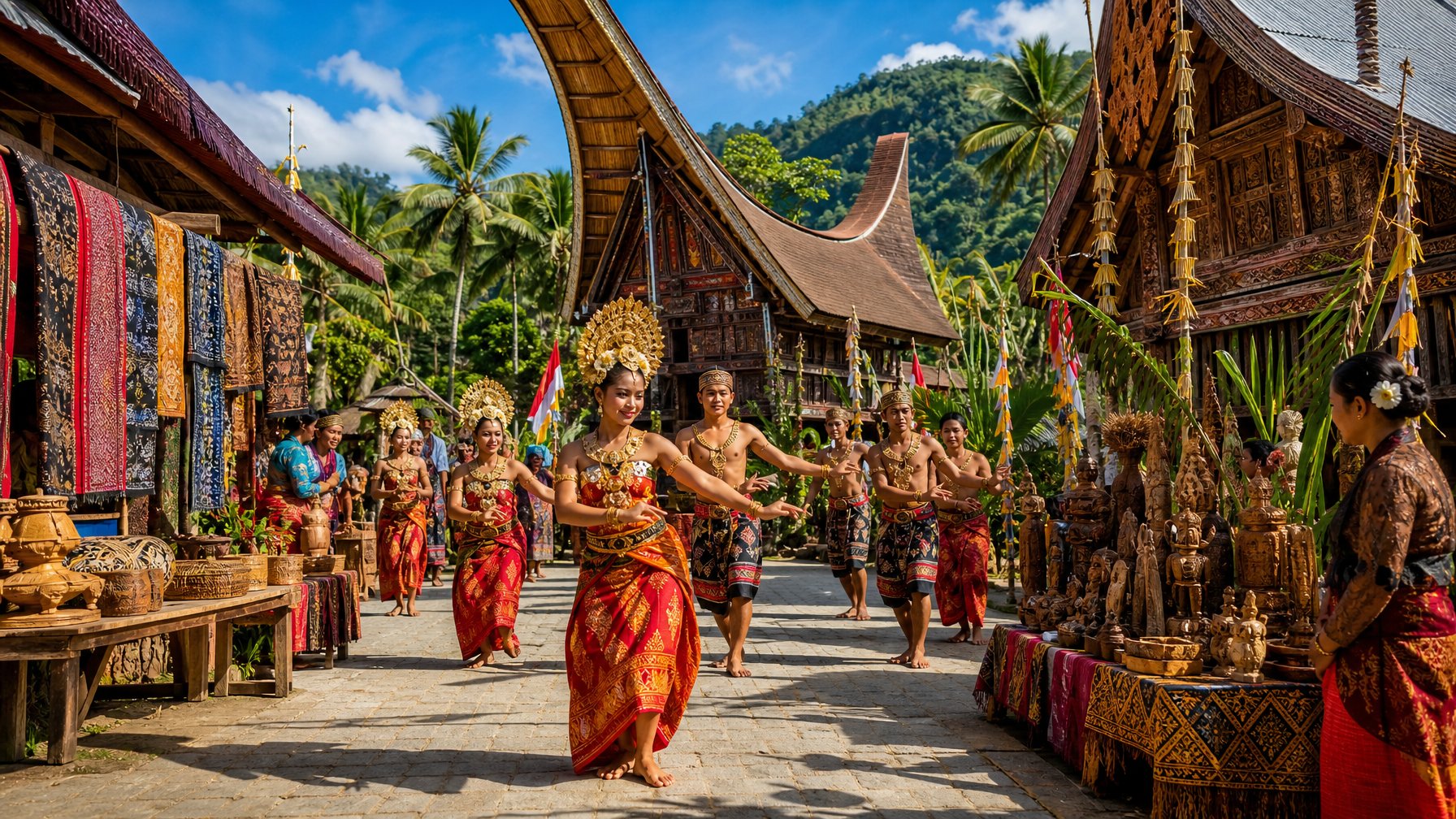 Orang-orang yang mengenakan pakaian tradisional Indonesia sedang menari di sebuah desa dengan rumah adat dan kerajinan lokal di latar belakang.
