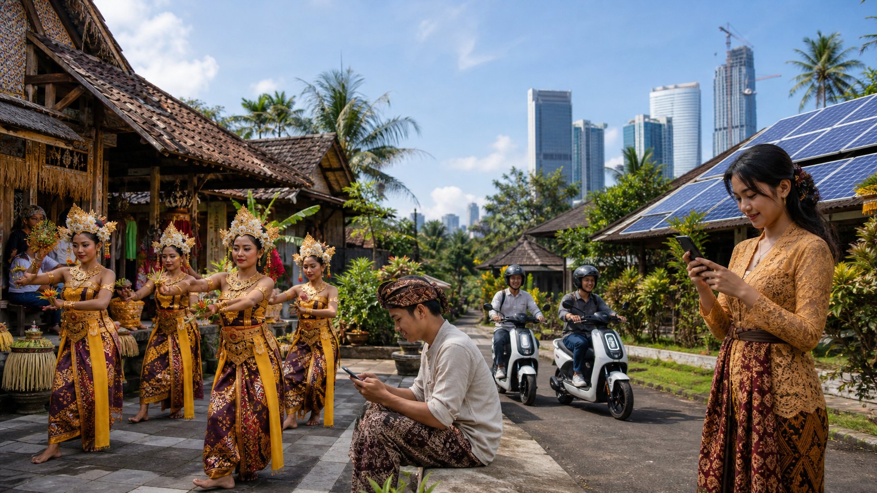 Penduduk desa Indonesia mengenakan pakaian tradisional sambil beraktivitas di lingkungan yang menggabungkan unsur budaya tradisional dan teknologi modern.