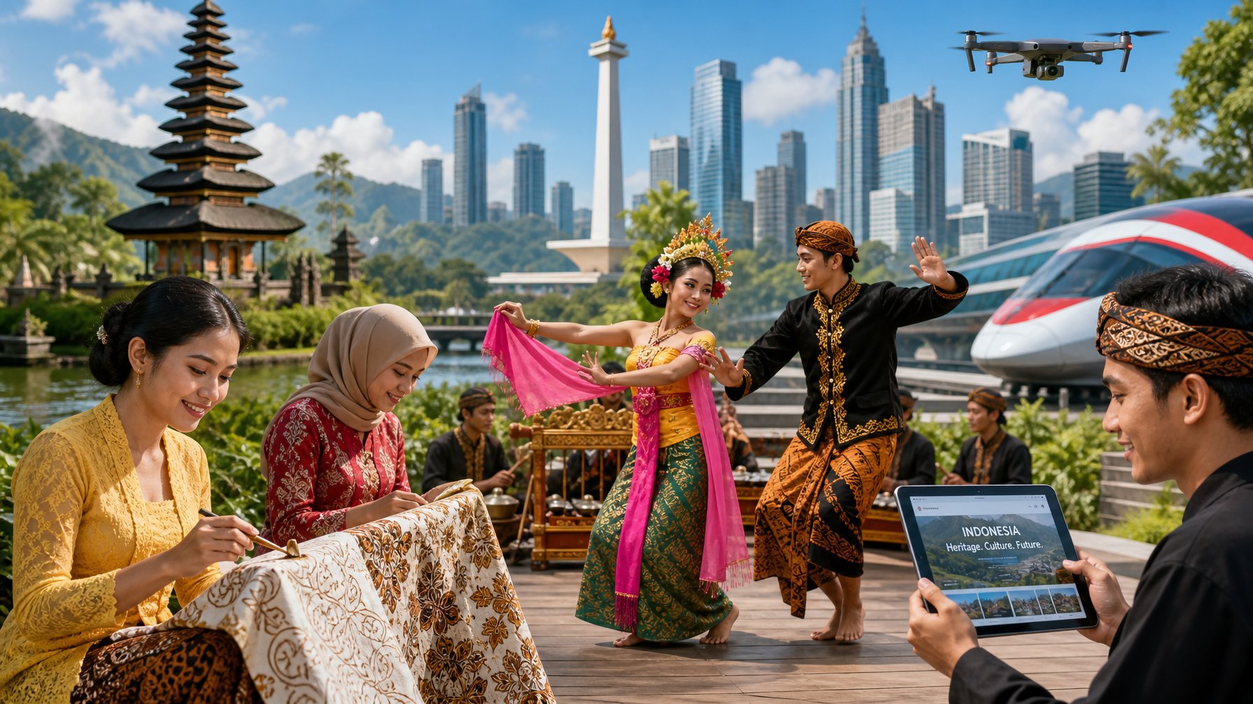 Sekelompok orang Indonesia mengenakan pakaian tradisional sedang melakukan aktivitas budaya dengan latar belakang kota modern dan pemandangan alam tropis.
