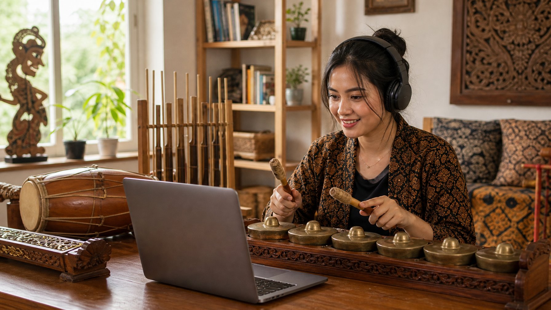 Seorang wanita muda belajar alat musik tradisional Indonesia secara online di dalam ruangan yang terang dengan laptop dan beberapa alat musik tradisional di sekitarnya.