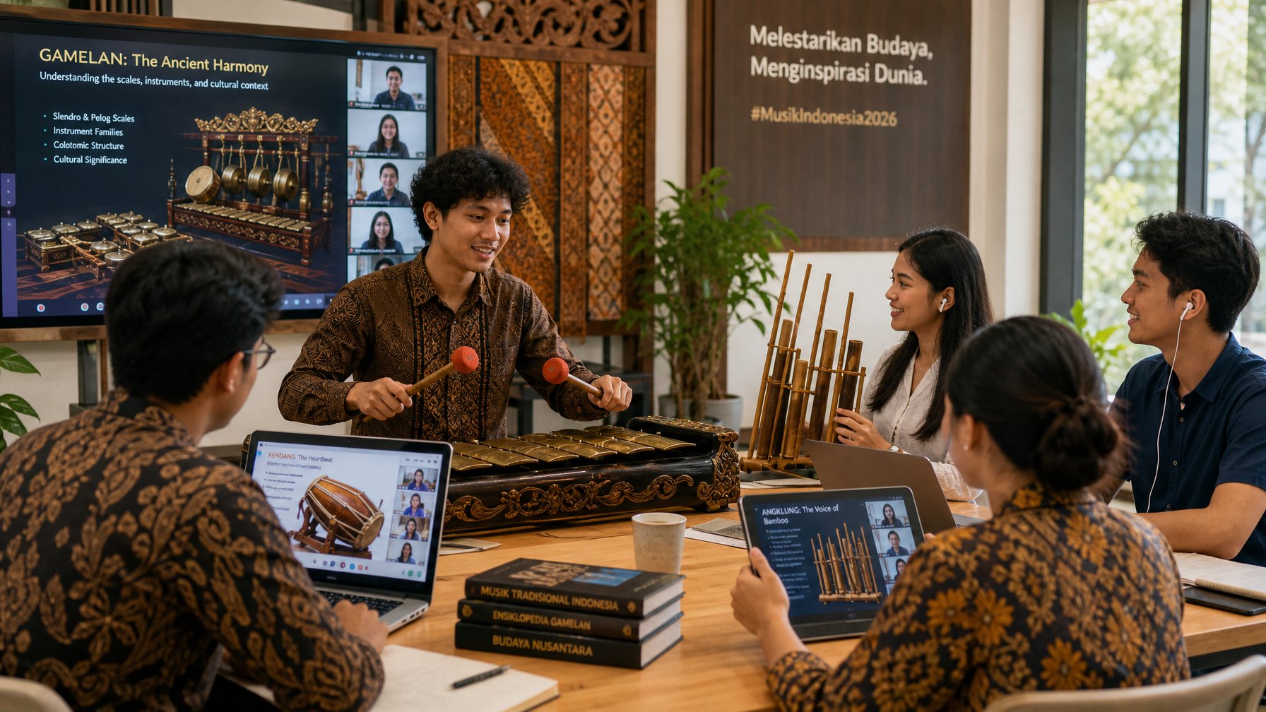 Sekelompok orang muda belajar alat musik tradisional Indonesia secara online menggunakan laptop dan tablet di ruangan terang dengan dekorasi budaya Indonesia.