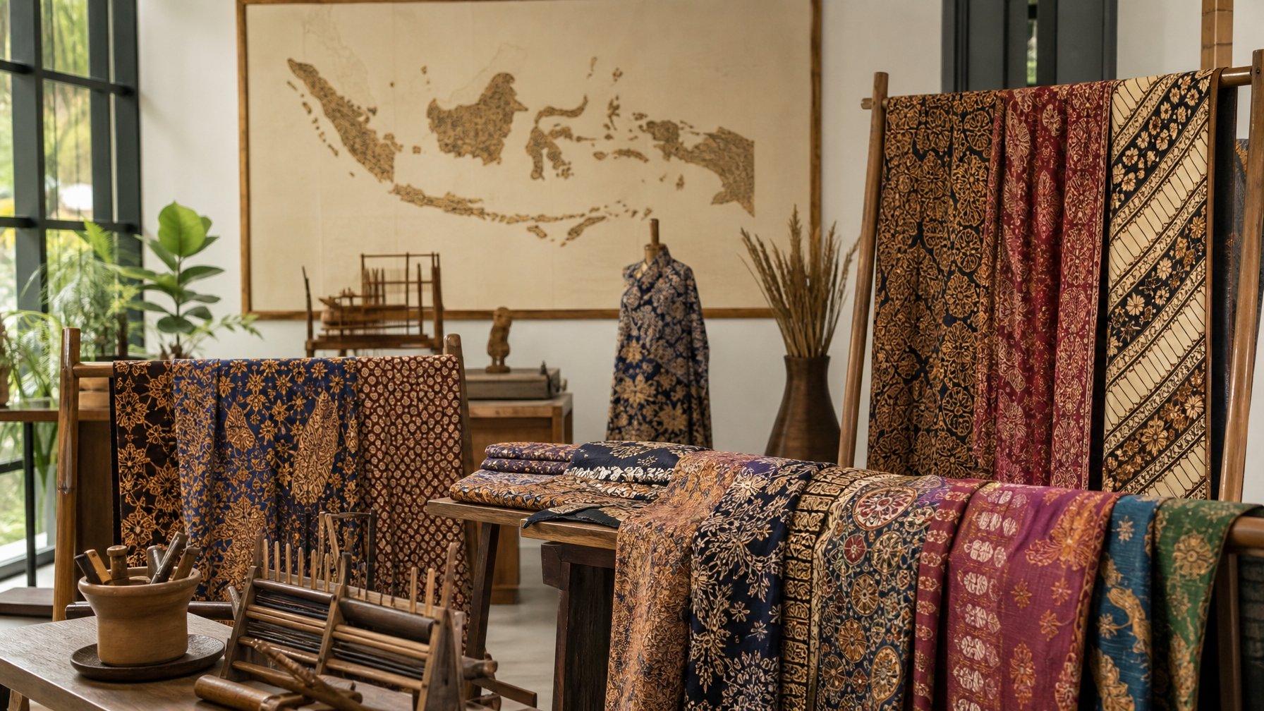 Beberapa kain batik tradisional Indonesia dengan motif warna-warni yang dipajang di rak kayu dalam ruangan terang.
