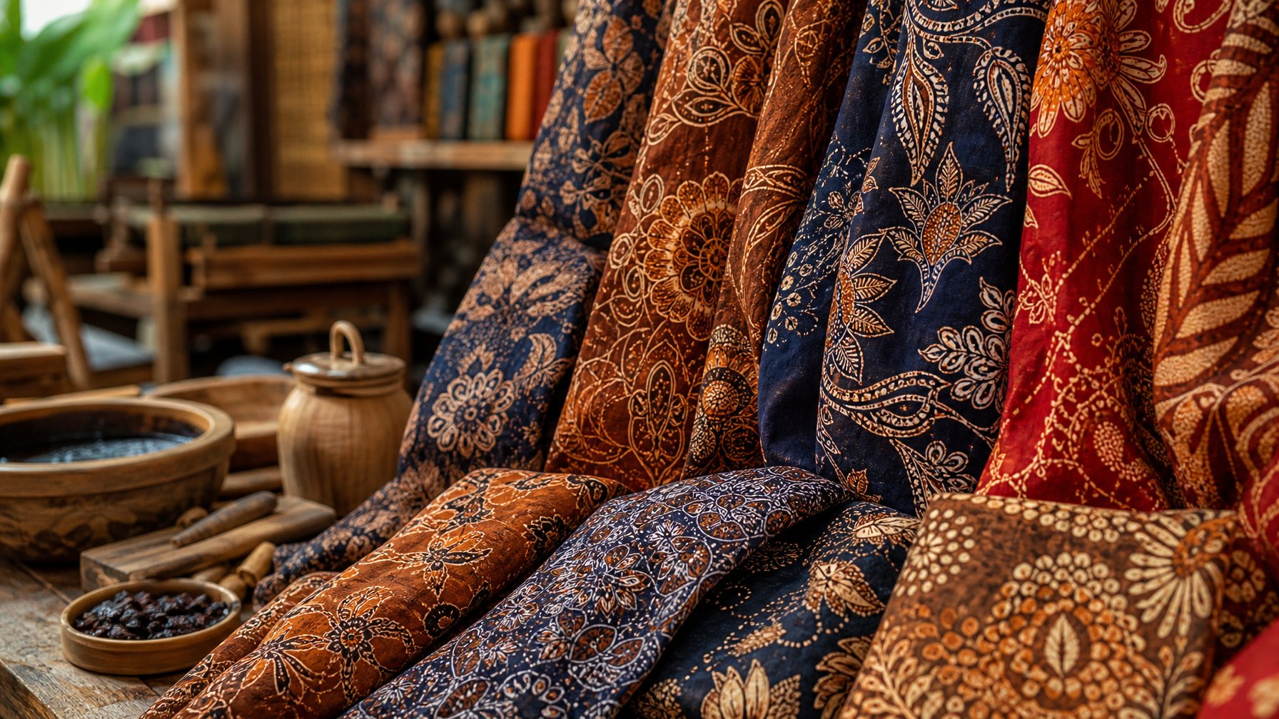Kain batik tradisional Indonesia dengan berbagai motif dan warna berbeda, diletakkan di atas meja dengan alat tenun dan bahan pewarna alami di latar belakang.