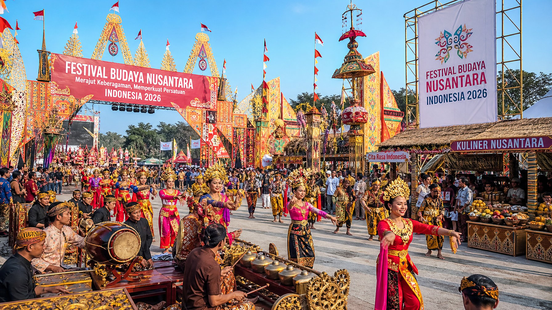 Orang-orang mengenakan pakaian tradisional Indonesia sedang berpartisipasi dalam festival budaya dengan tarian, musik, dan dekorasi warna-warni di luar ruangan.