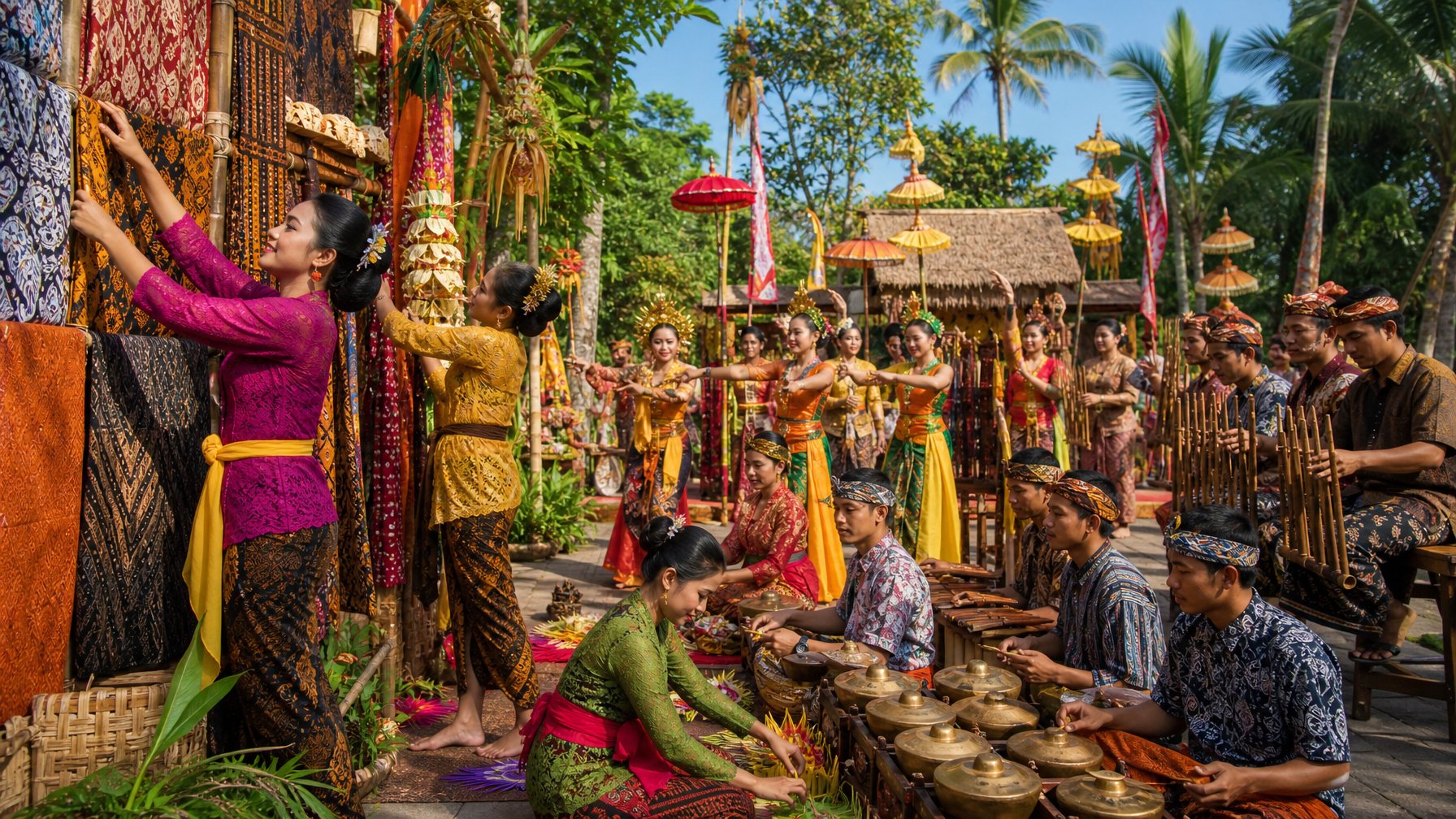 Sekelompok orang Indonesia mengenakan pakaian tradisional sedang mempersiapkan dekorasi dan latihan tari untuk festival budaya di ruang terbuka.