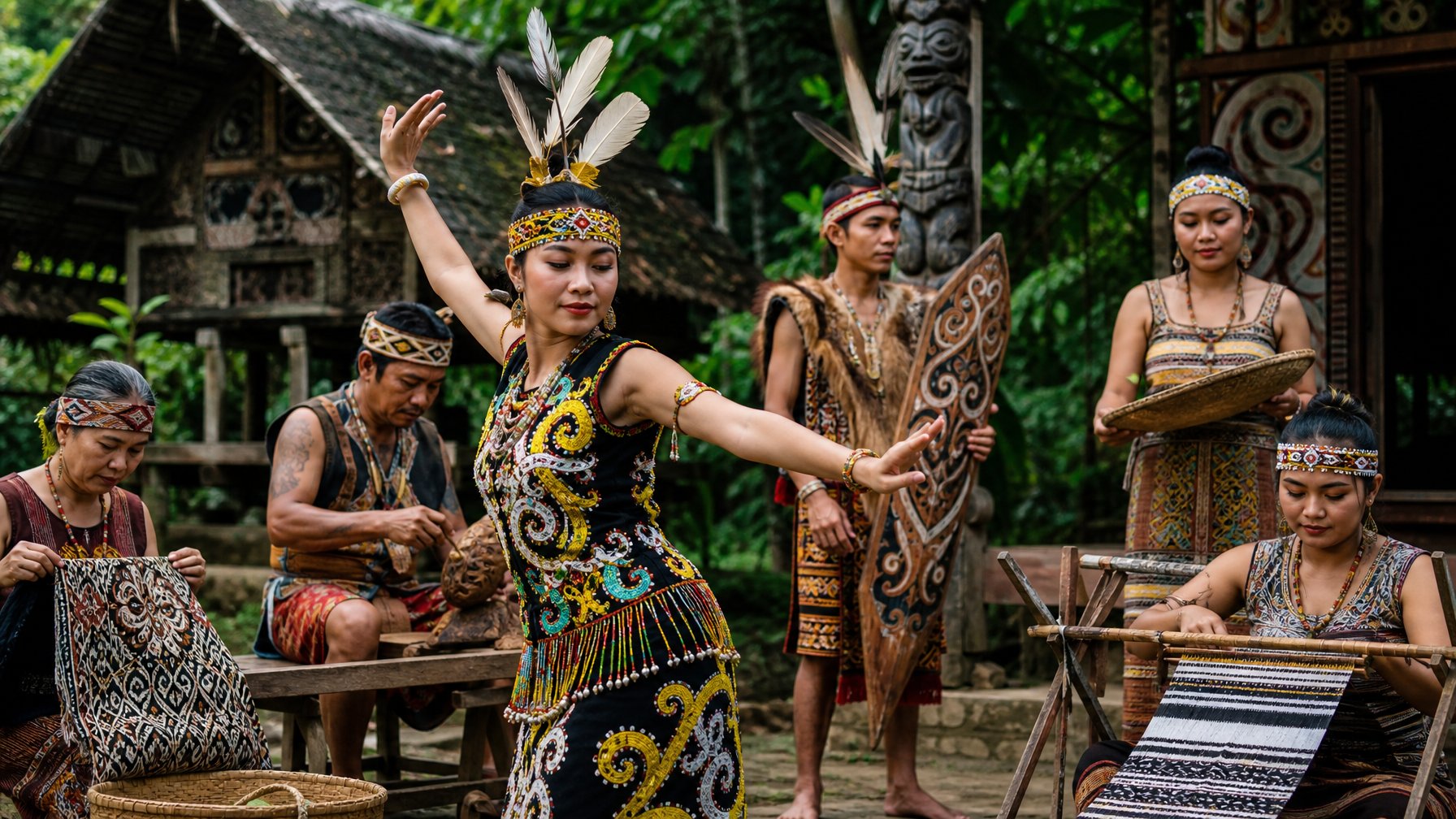 Sekelompok orang suku asli Indonesia mengenakan pakaian tradisional sedang melakukan aktivitas budaya di hutan tropis dengan rumah adat di latar belakang.