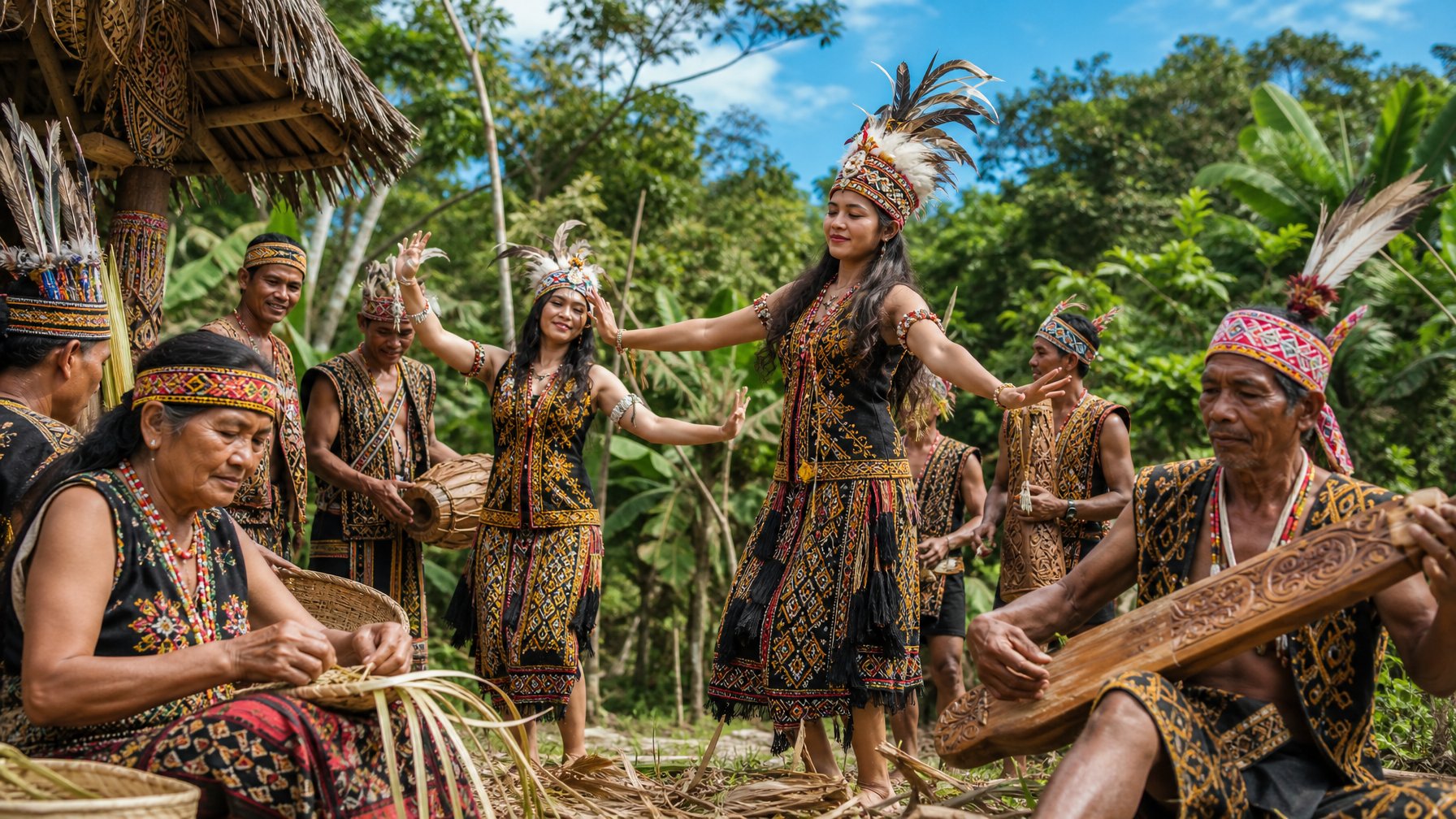 Sekelompok orang suku asli Indonesia mengenakan pakaian tradisional sedang melakukan aktivitas budaya di tengah hutan tropis.