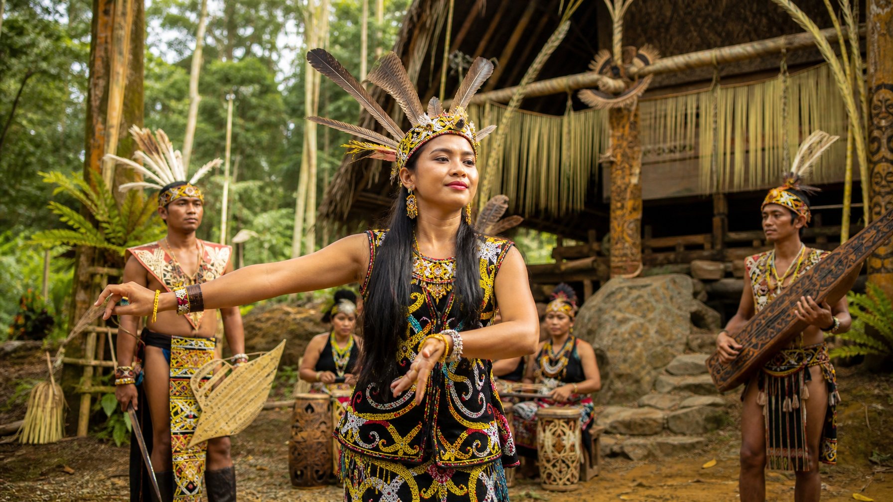 Orang-orang suku pedalaman Nusantara mengenakan pakaian tradisional berwarna-warni sedang melakukan aktivitas budaya di lingkungan desa dengan latar hutan tropis.