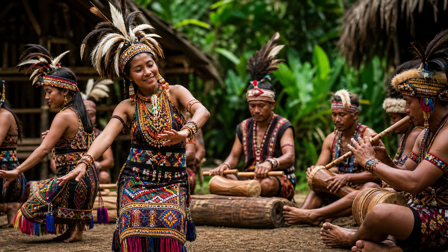 Sekelompok orang suku pedalaman Nusantara mengenakan pakaian tradisional dengan latar hutan tropis dan suasana budaya yang hidup.