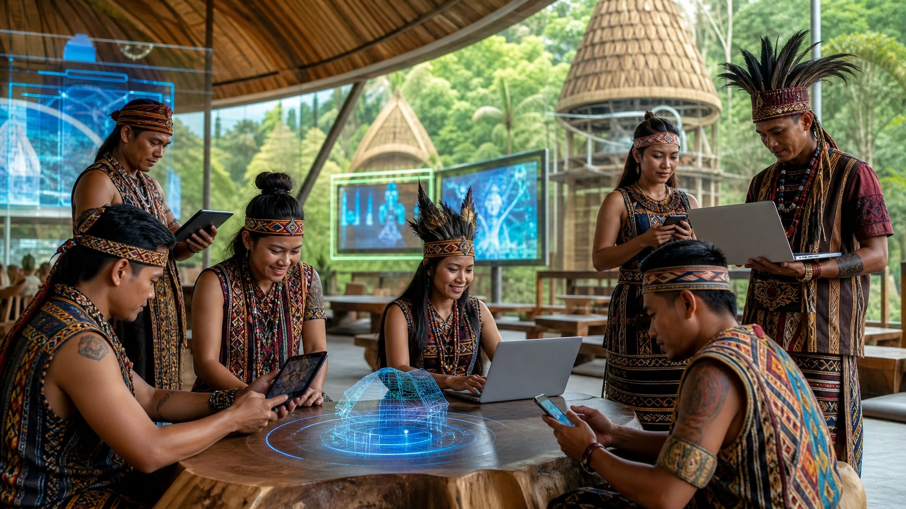 Sekelompok orang dari suku-suku Nusantara menggunakan perangkat digital di ruang komunitas terbuka yang menggabungkan elemen tradisional dan teknologi modern.