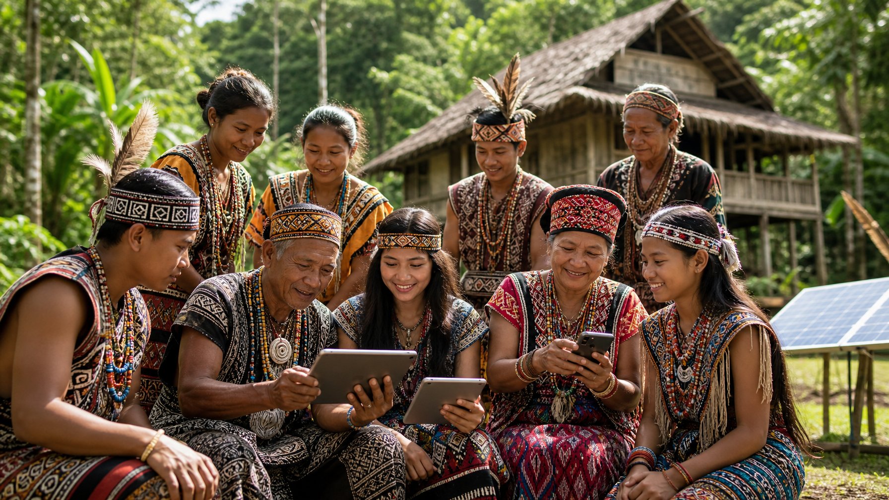 Sekelompok orang dari suku-suku Nusantara mengenakan pakaian adat sedang menggunakan perangkat digital di lingkungan alam terbuka dengan rumah tradisional di latar belakang.