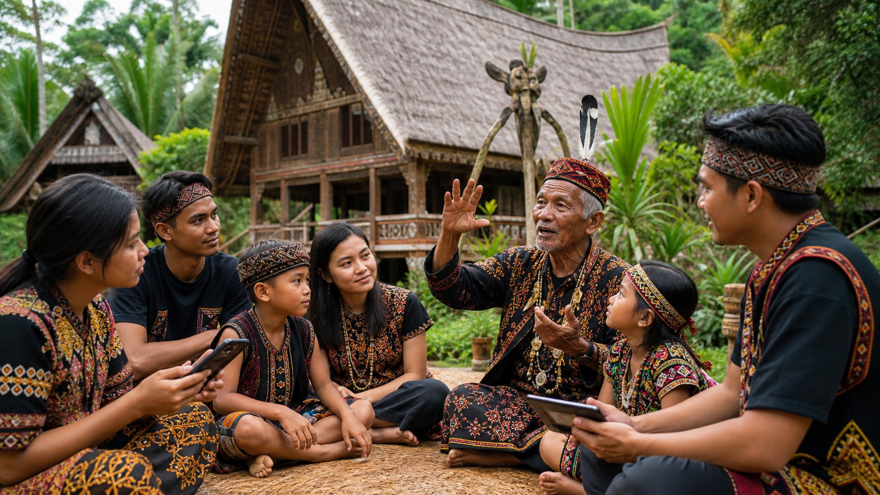 Sekelompok orang dari suku Nusantara berkumpul di luar ruangan, para tetua menceritakan kisah tradisional kepada anak-anak dan orang dewasa dengan latar belakang pepohonan tropis dan rumah tradisional.