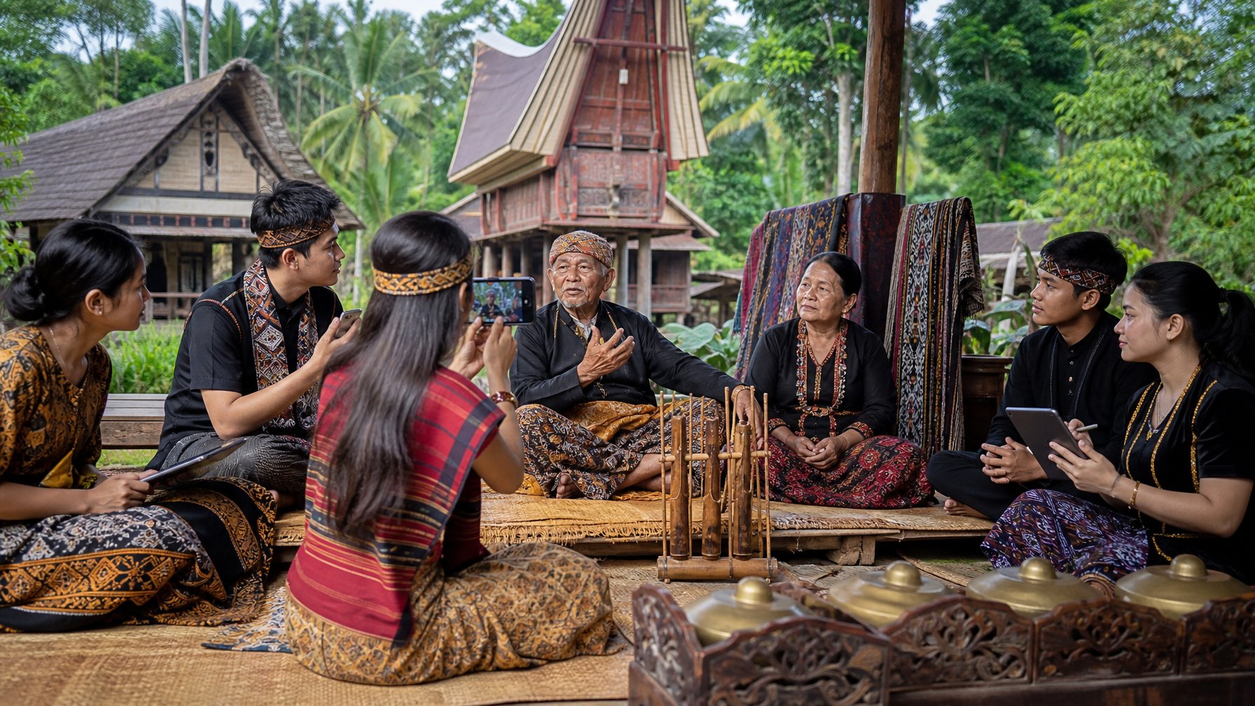 Sekelompok orang suku Nusantara dari berbagai usia berkumpul di luar ruangan, dengan lanskap tropis dan rumah adat, saling berbagi cerita dan merekam tradisi lisan menggunakan perangkat modern.
