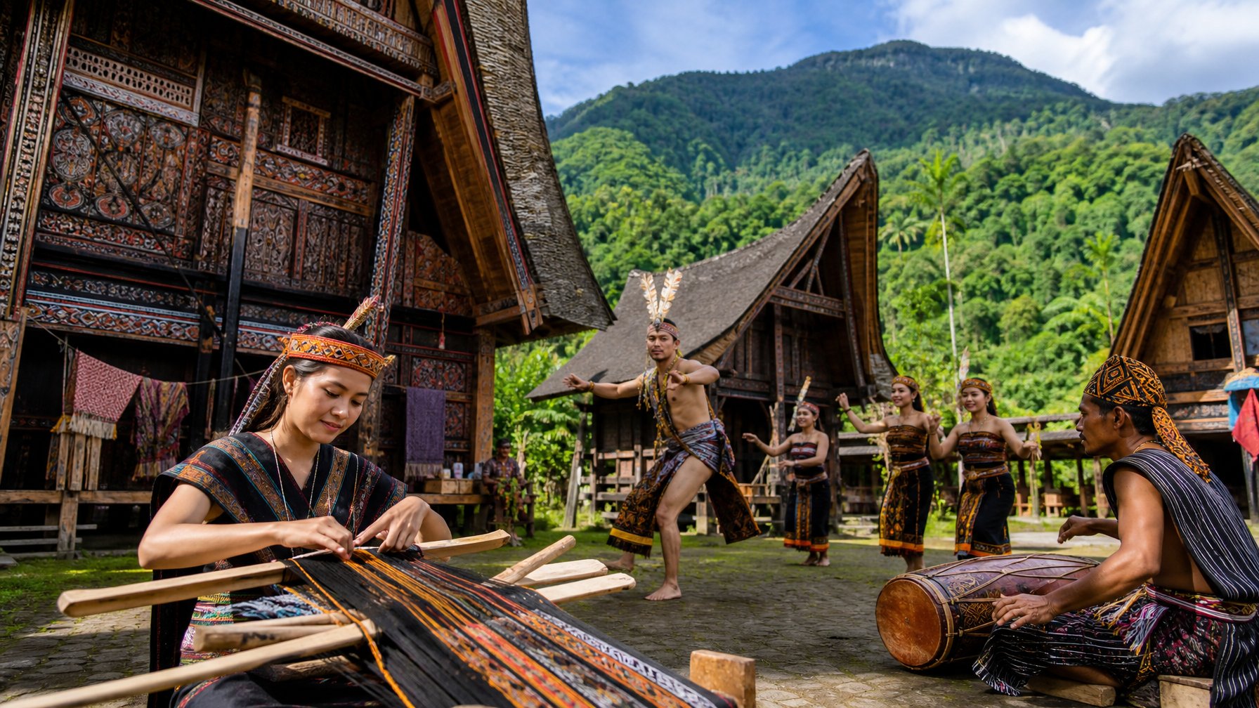 Orang-orang suku Nusantara mengenakan pakaian tradisional sedang menari dan membuat kerajinan di desa tropis dengan rumah adat dan pemandangan alam hijau.