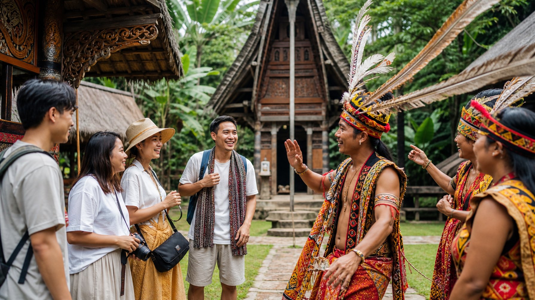 Sekelompok wisatawan mengamati dan berinteraksi dengan penduduk lokal yang mengenakan pakaian tradisional di sebuah situs budaya Nusantara dengan latar arsitektur kayu dan tanaman tropis.