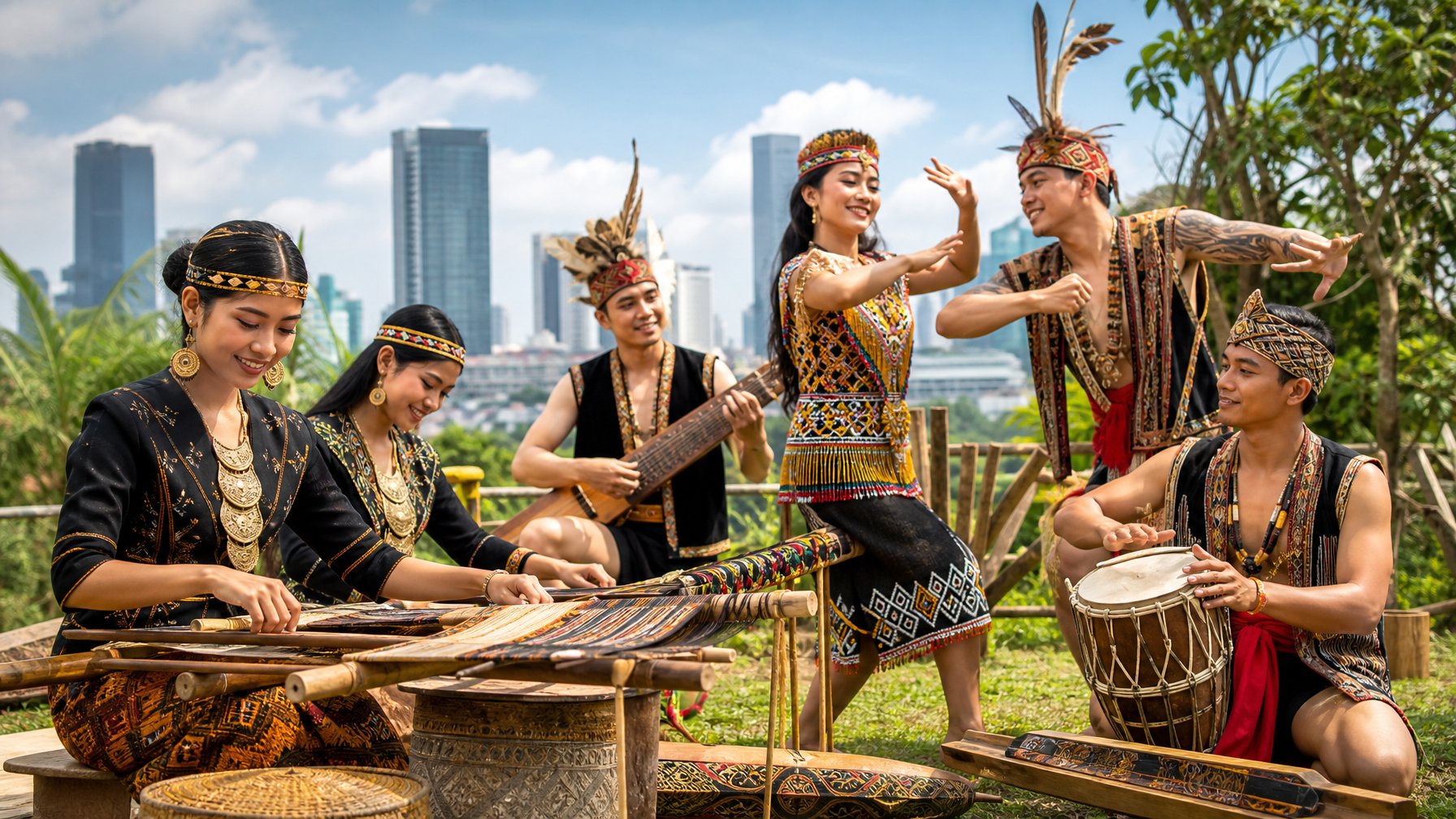 Sekelompok pemuda Indonesia mengenakan pakaian adat suku Nusantara sedang melakukan aktivitas budaya di luar ruangan dengan latar alam tropis dan bangunan kota di kejauhan.