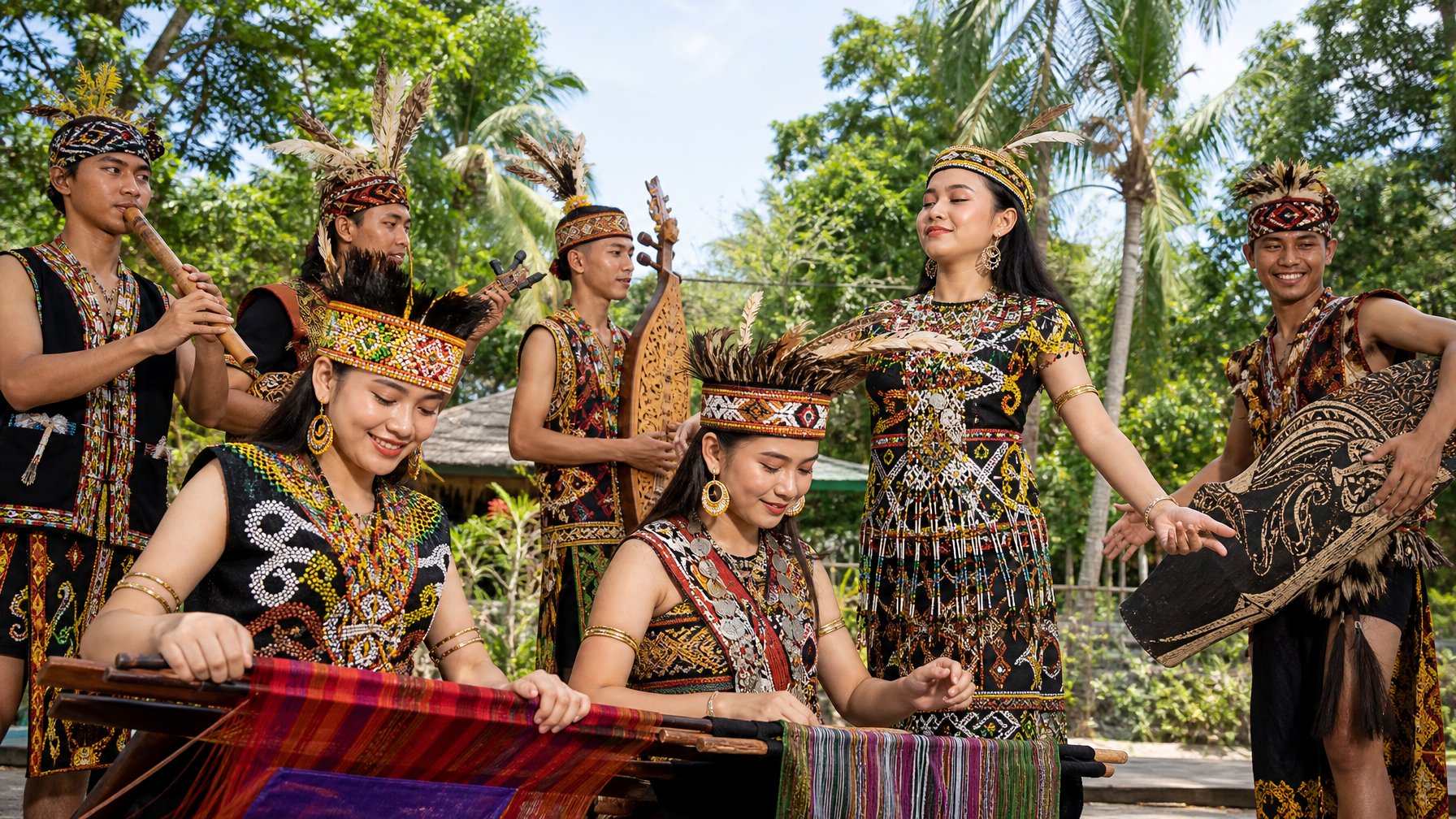 Sekelompok pemuda Indonesia mengenakan pakaian adat Nusantara sedang melakukan aktivitas budaya di luar ruangan dengan latar belakang alam tropis.