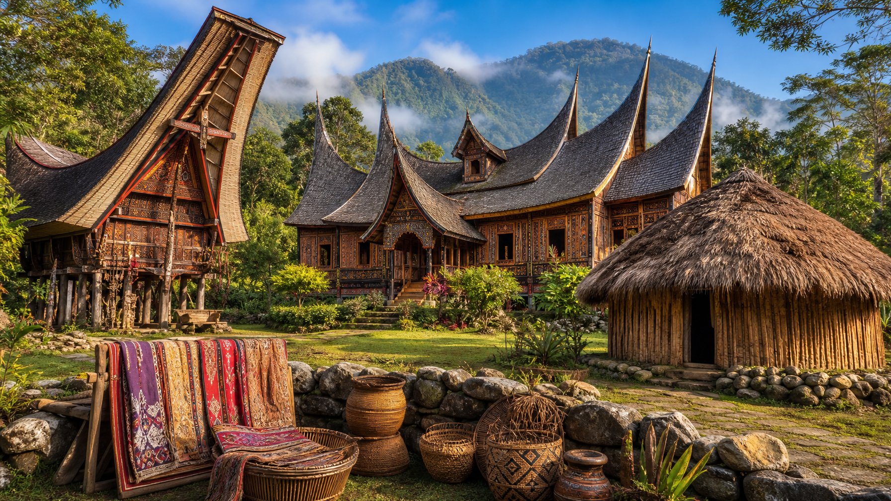 Beberapa rumah adat tradisional dari berbagai suku besar di Indonesia dengan latar alam tropis yang hijau dan langit biru cerah.