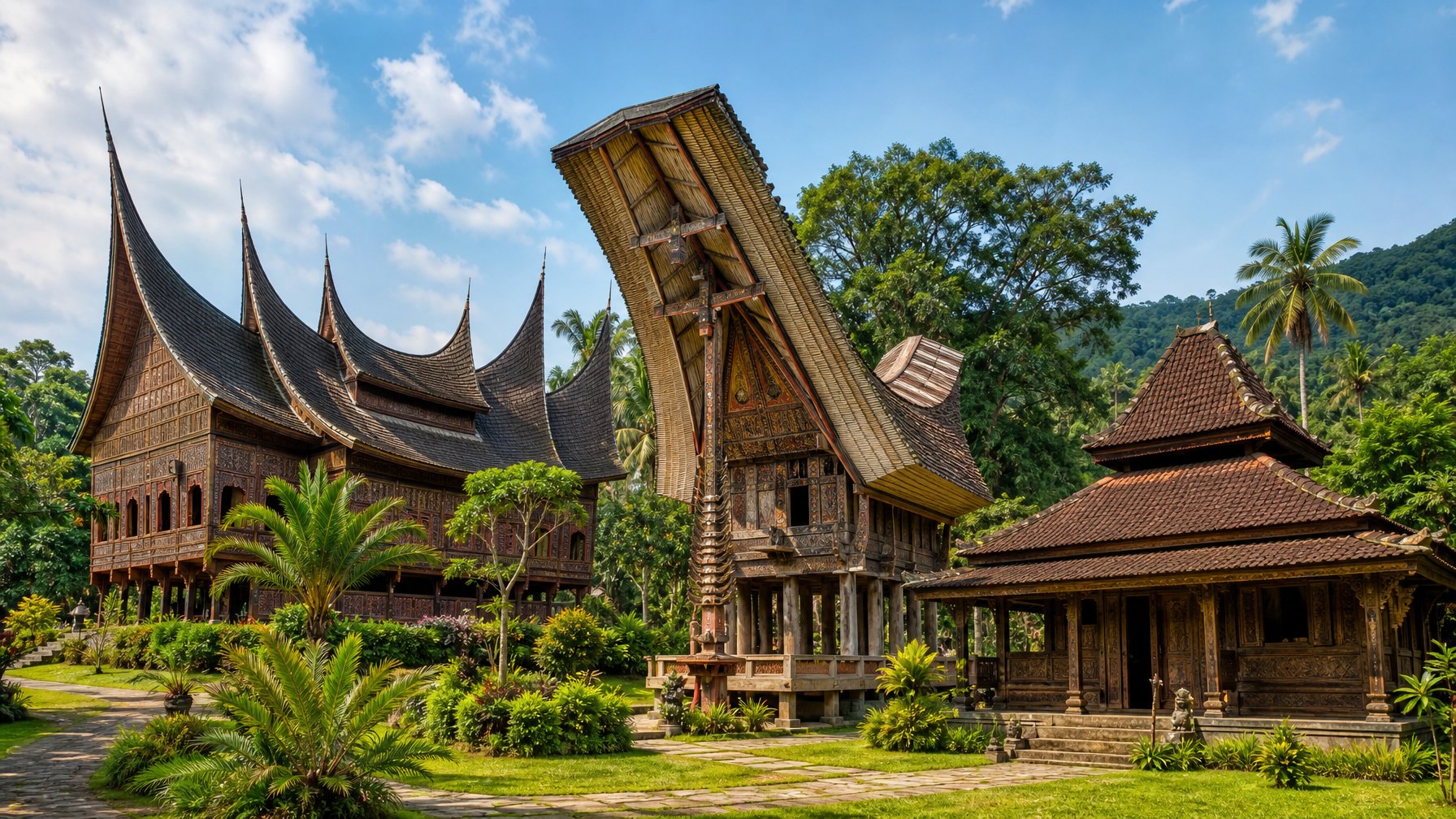 Berbagai rumah adat tradisional Indonesia dari suku besar, dengan latar belakang alam tropis dan langit cerah.