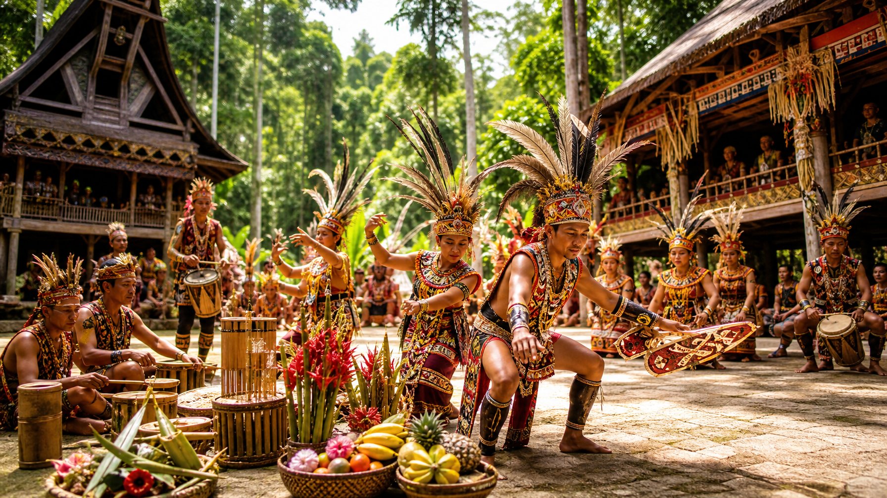 Orang-orang suku Nusantara mengenakan pakaian adat warna-warni sedang melakukan upacara tradisional di lingkungan alam tropis dengan rumah panggung dan dekorasi upacara.