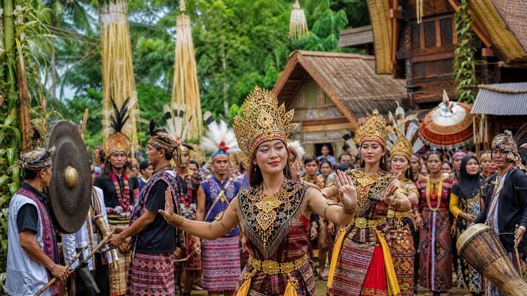 Orang-orang mengenakan pakaian adat warna-warni sedang melakukan upacara tradisional di luar ruangan dengan latar pepohonan tropis dan bangunan tradisional.