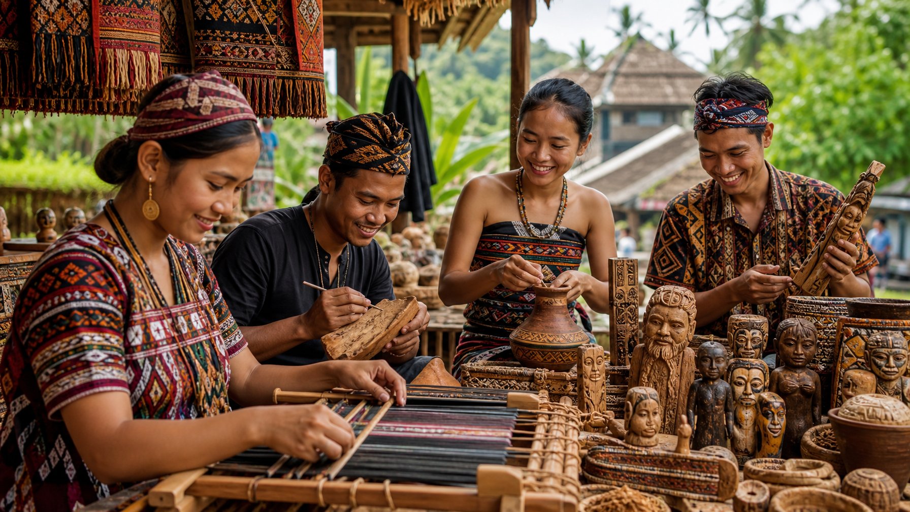 Sekelompok masyarakat adat Nusantara sedang membuat kerajinan tangan tradisional di pasar terbuka dengan latar belakang alam tropis dan bangunan lokal.