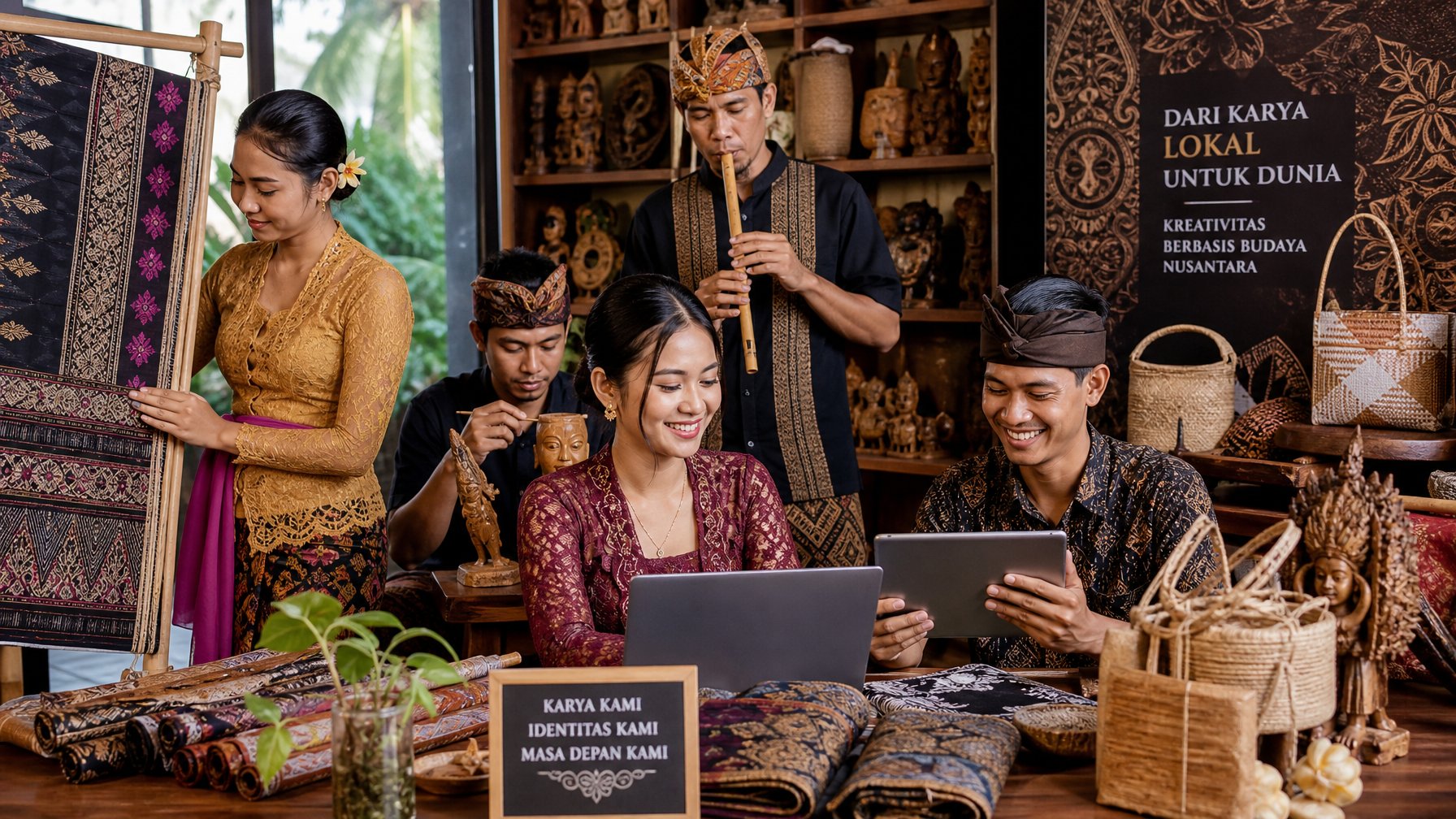 Sejumlah pengrajin adat Indonesia sedang membuat dan memamerkan karya seni tradisional di sebuah ruang kerja atau pasar yang terang.