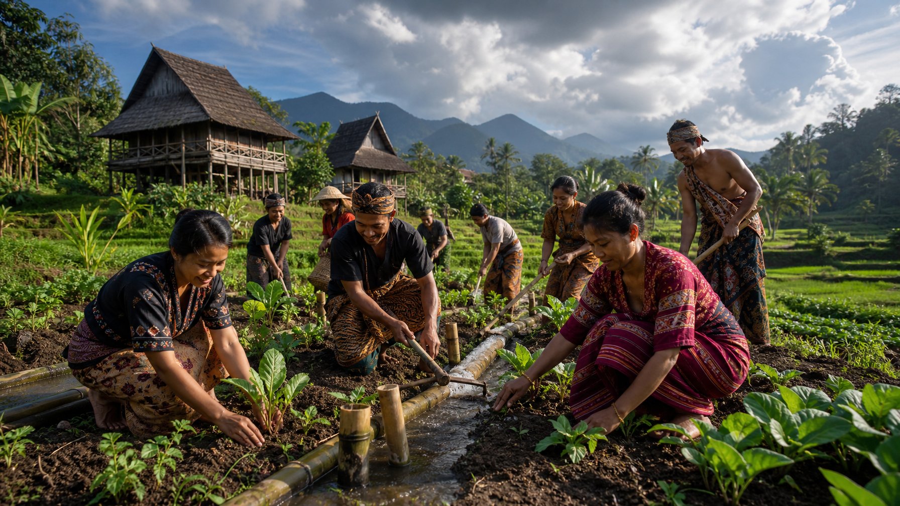 Sekelompok masyarakat adat Nusantara sedang bekerja bersama di lahan pertanian tropis, menanam tanaman yang tahan perubahan iklim dengan latar belakang rumah tradisional dan langit sebagian berawan.