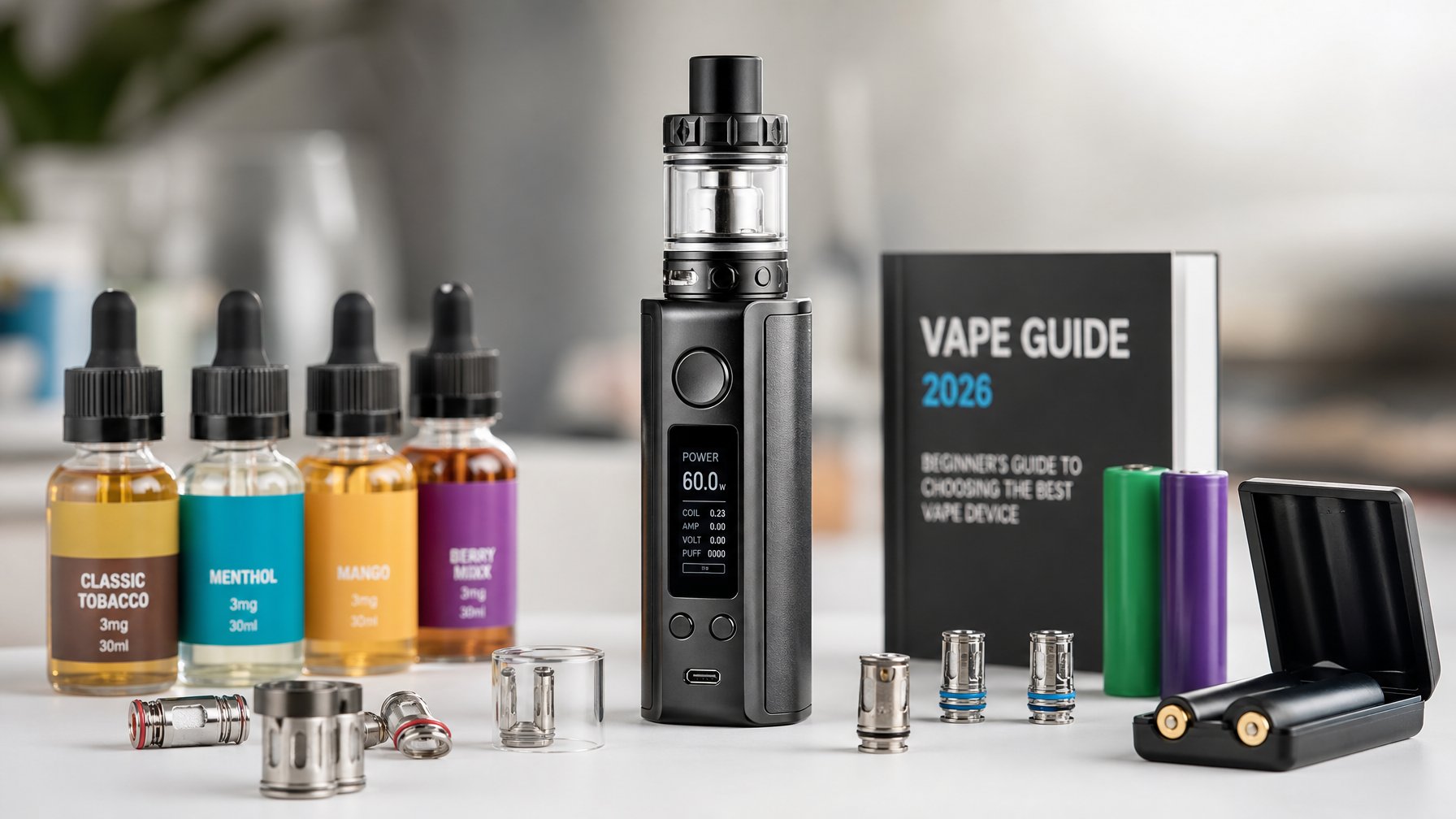 Sebuah perangkat vape modern diletakkan di atas meja putih dengan beberapa aksesori vape di sekitarnya.