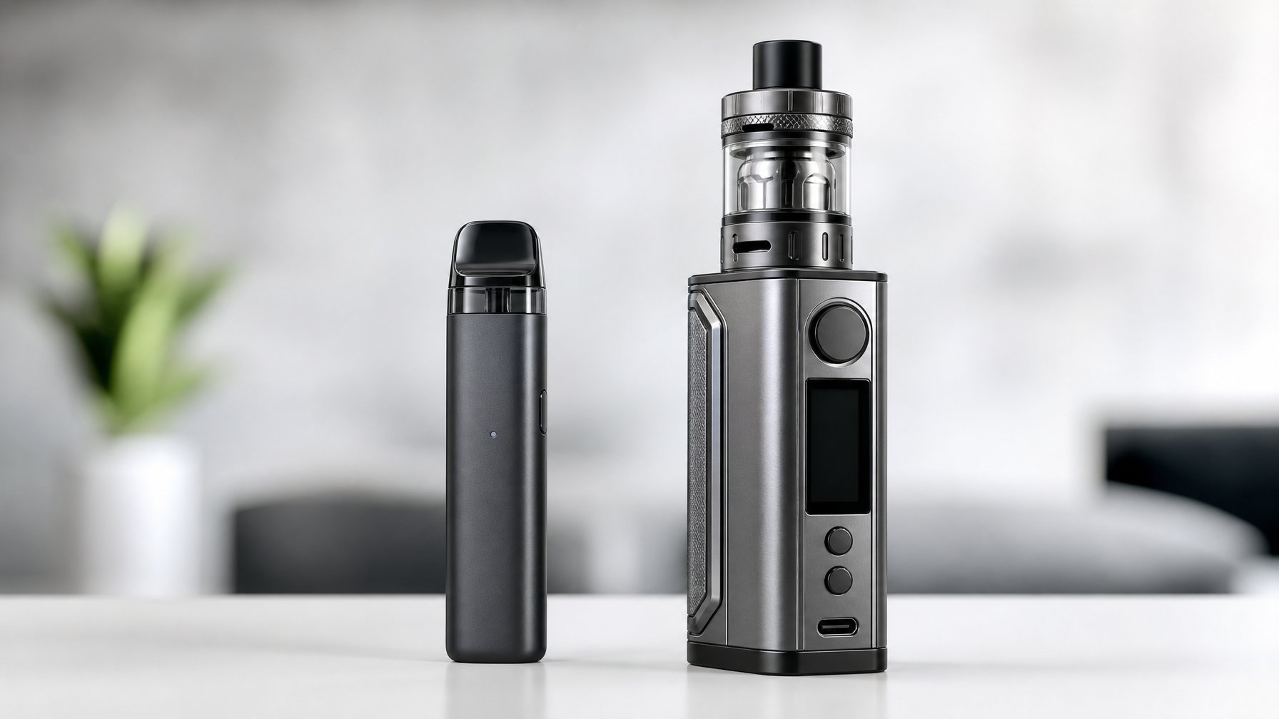 Dua perangkat vaping, satu pod kecil dan satu mod besar, diletakkan berdampingan di atas permukaan putih bersih.