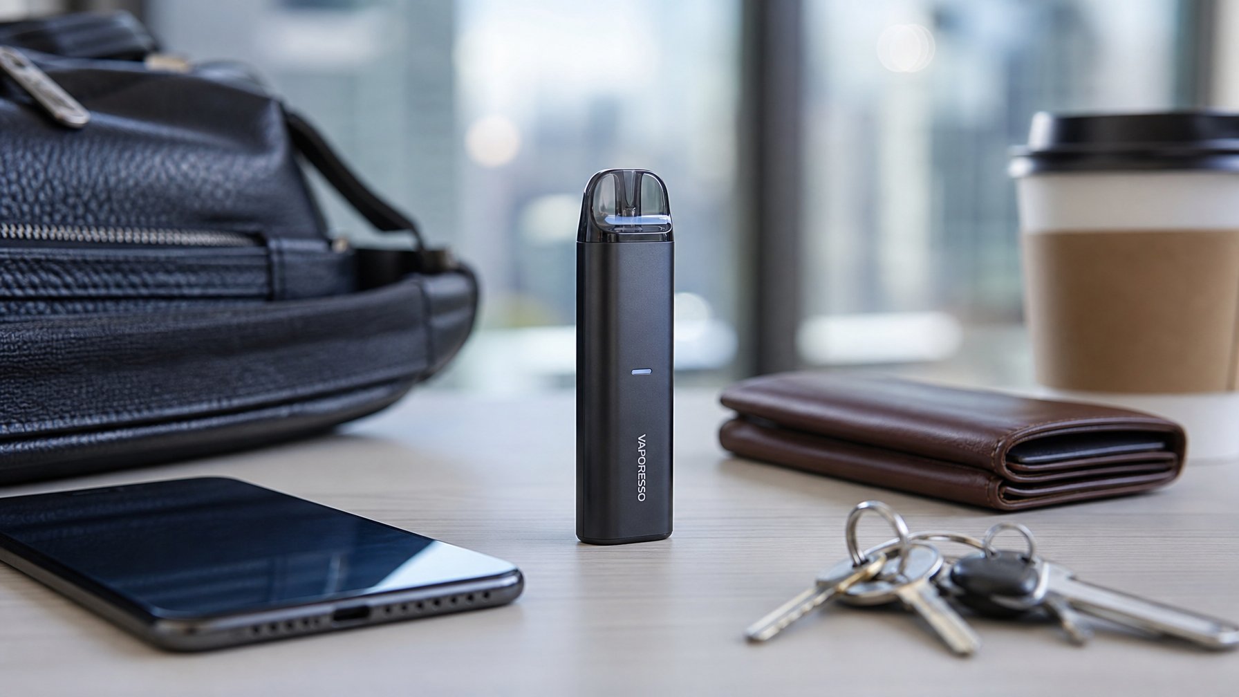 Perangkat vape closed system yang modern diletakkan di atas meja dengan dompet, ponsel, dan kunci di sekitarnya, menunjukkan penggunaan praktis untuk mobilitas tinggi.