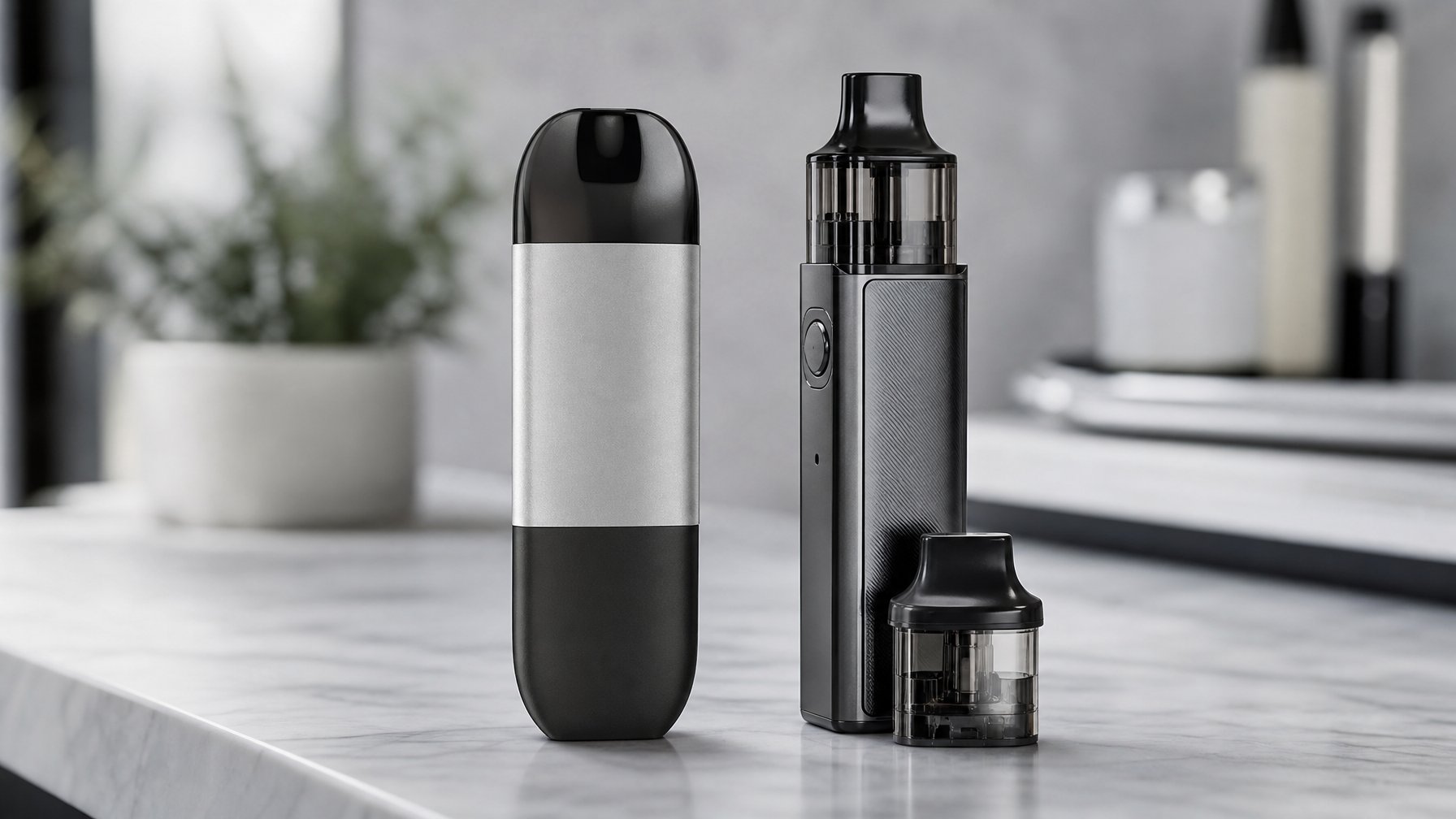Dua perangkat vape terbaru 2026, satu vape sekali pakai dan satu vape pod isi ulang, diletakkan berdampingan di atas permukaan modern dengan latar belakang minimalis.