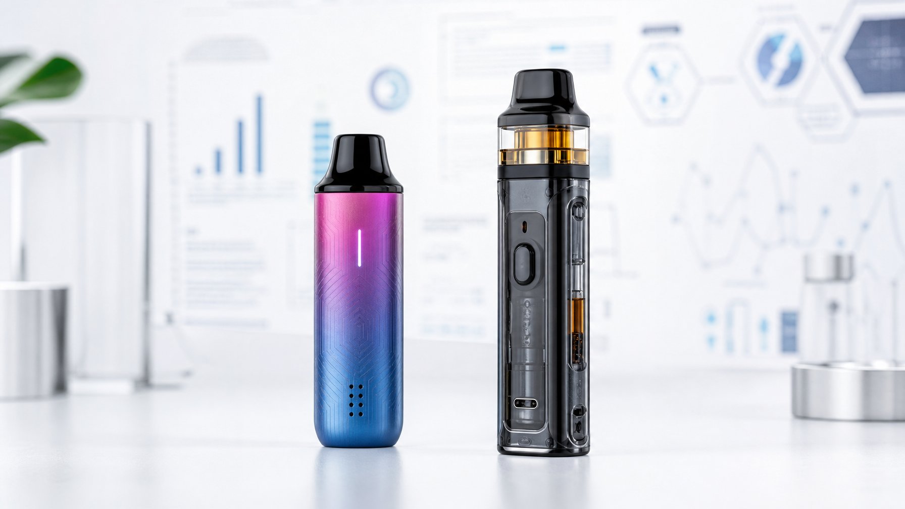 Dua perangkat vape terbaru 2026, satu disposable dan satu pod refillable, diletakkan berdampingan di atas permukaan putih dengan latar belakang samar diagram teknis.