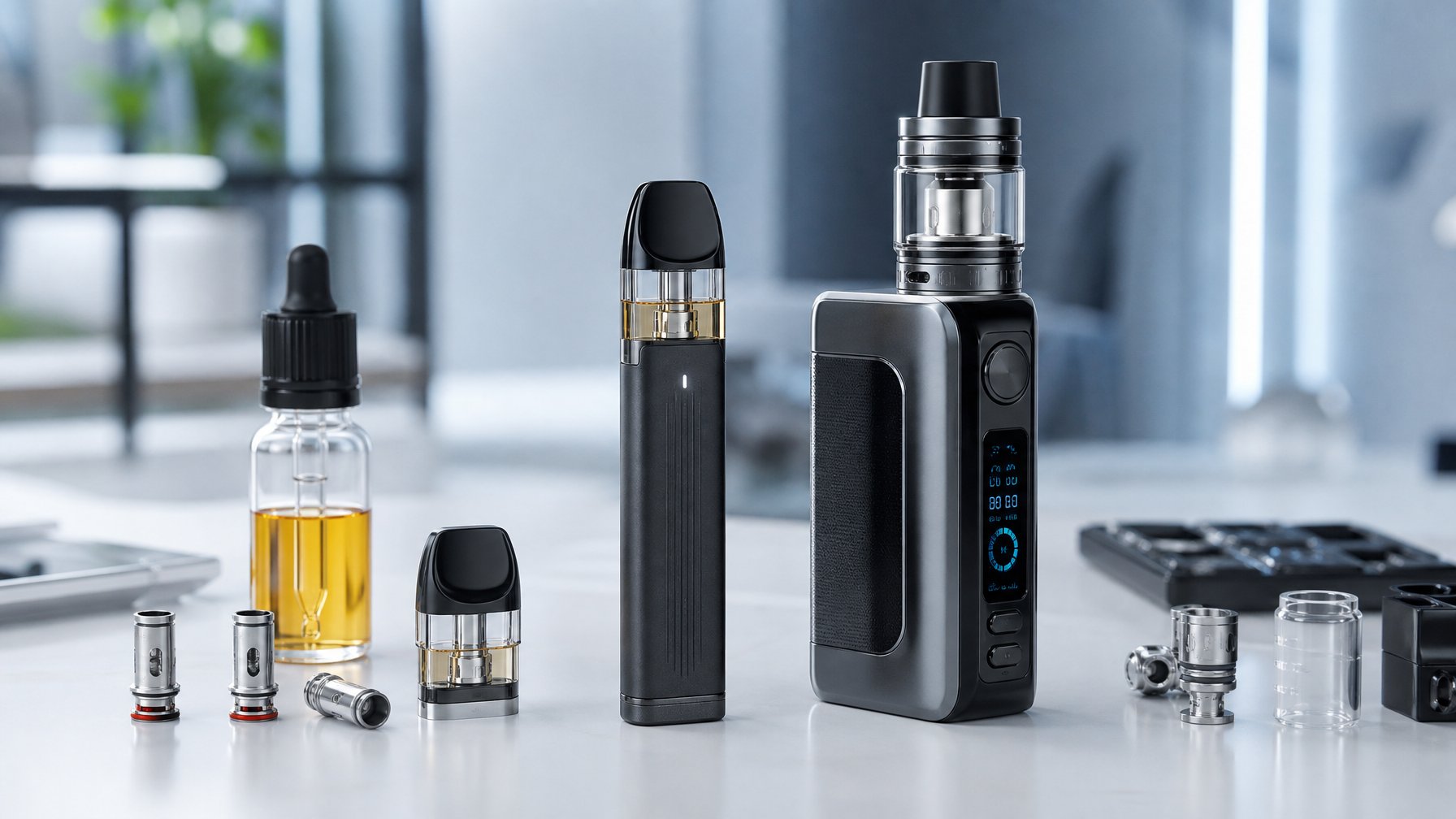 Dua perangkat vape modern dengan aksesori di atas permukaan putih, satu untuk pengguna salt nic dan satu untuk pengguna freebase, dengan latar belakang buram.