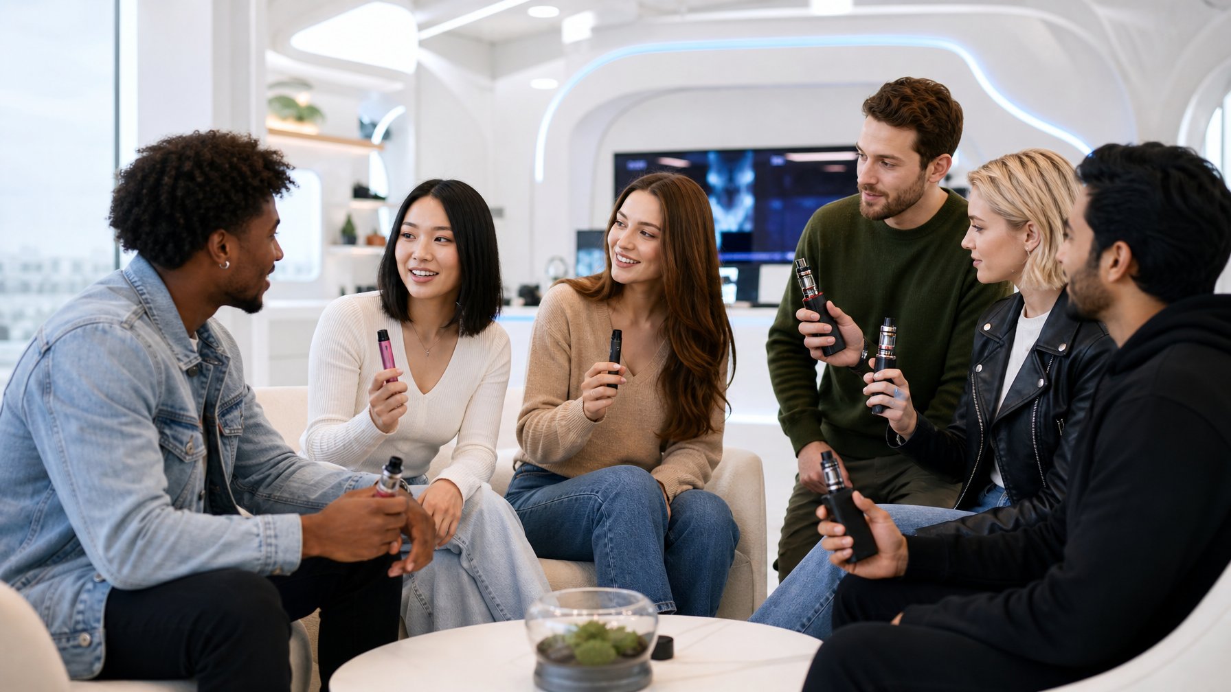 Dua kelompok orang muda sedang berdiskusi sambil memegang perangkat vape yang berbeda di ruangan modern.