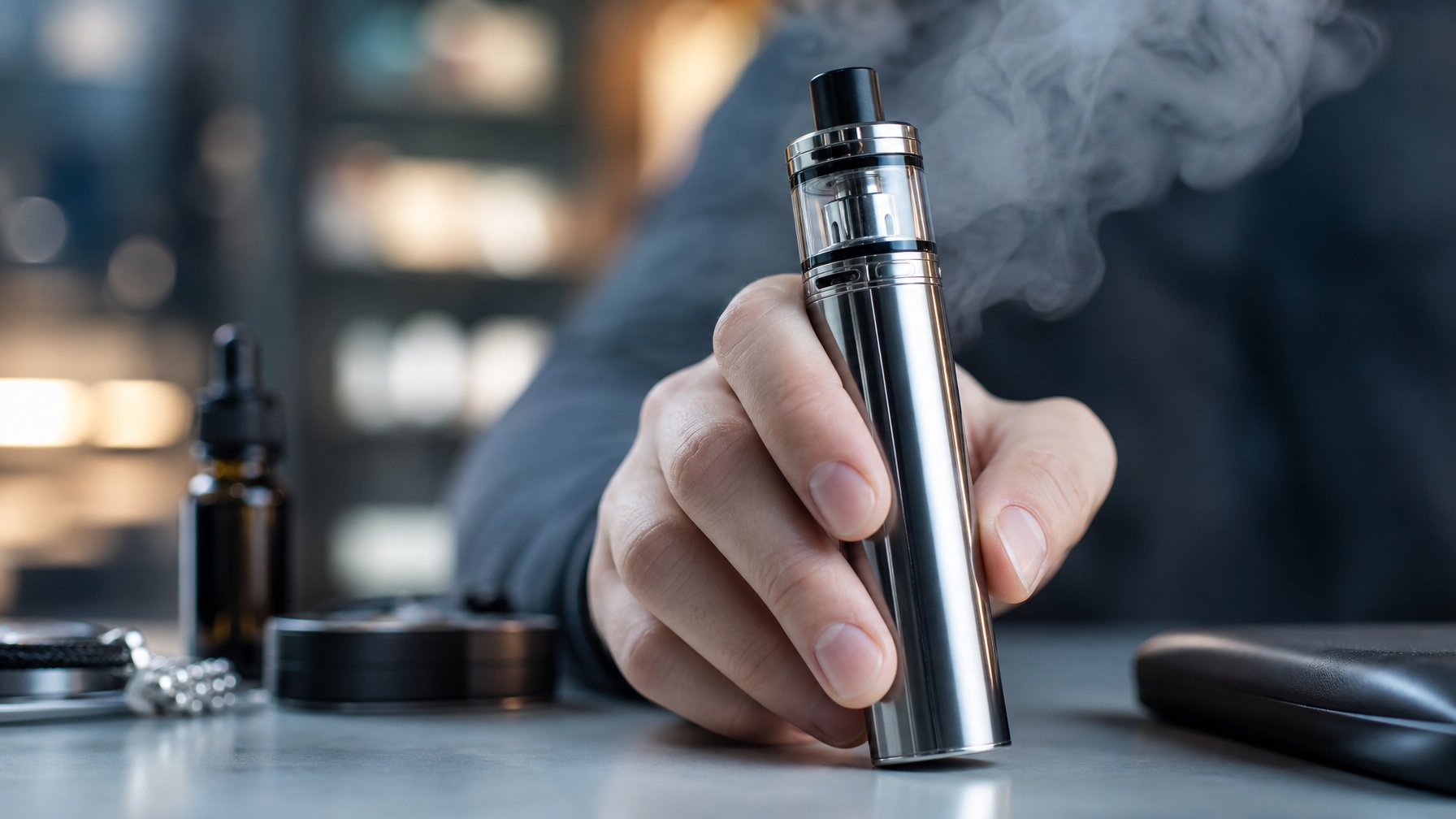 Perangkat vaping modern dengan desain premium diletakkan di permukaan bersih, dikelilingi uap tipis dan aksesori vaping dengan latar belakang buram.