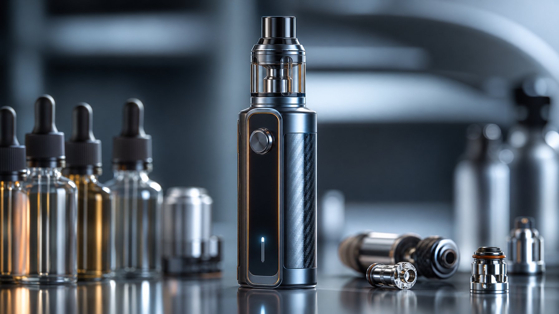 Perangkat vapor modern berdesain futuristik diletakkan di atas permukaan reflektif dengan aksesori vaping di sekitarnya.